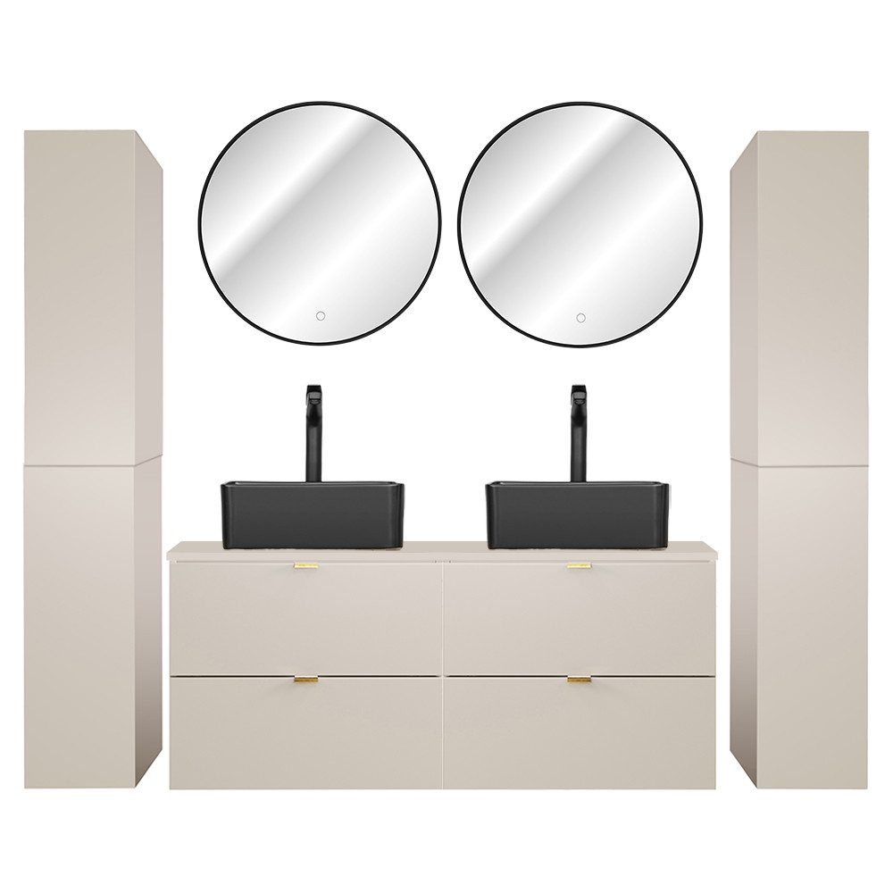 Lomadox Badmöbel-Set DURANGO-56, (Spar-Set, 5-St., LED-Spiegel Doppelwaschtisch Hochschränke), 120cm Waschtisch, kaschmir, verschiedene Grifffarben, LED-Spiegel