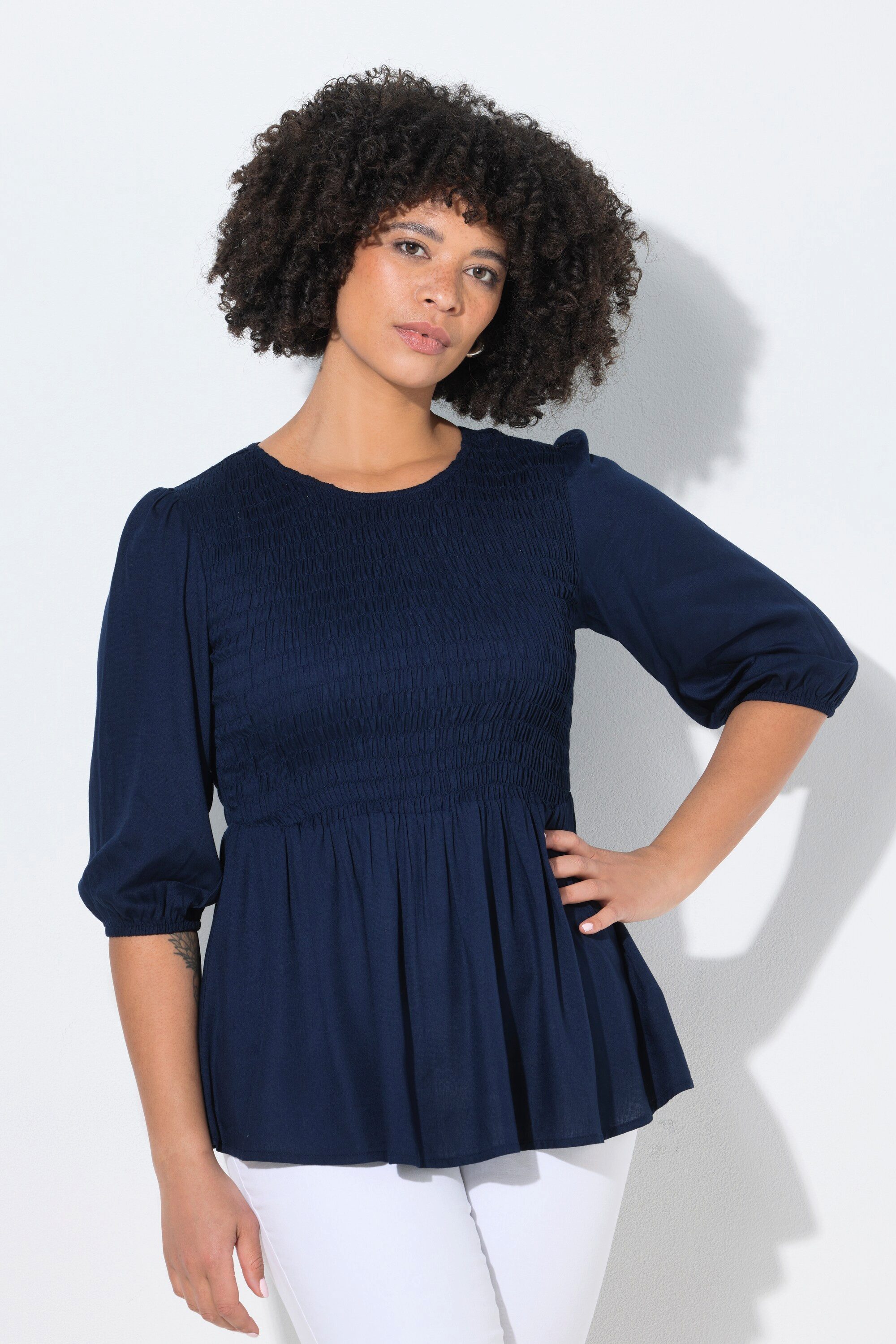 Angel of Style Longbluse Bluse A-Linie Smok-Büste 3/4-Ärmel Volant