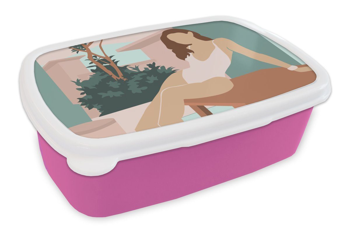 MuchoWow Lunchbox Frau - Haus - Sommer, Kunststoff, (2-tlg), Brotbox für Erwachsene, Brotdose Kinder, Snackbox, Mädchen, Kunststoff rosa