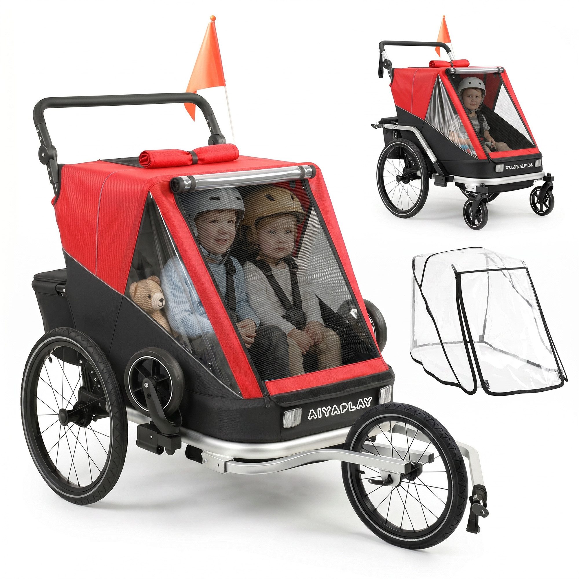 AIYAPLAY Fahrradkinderanhänger 2-Sitzer Faltbar Kinderfahrradanhänger, 2-in-1 klappbar, für 2 Kinder, Reflektoren