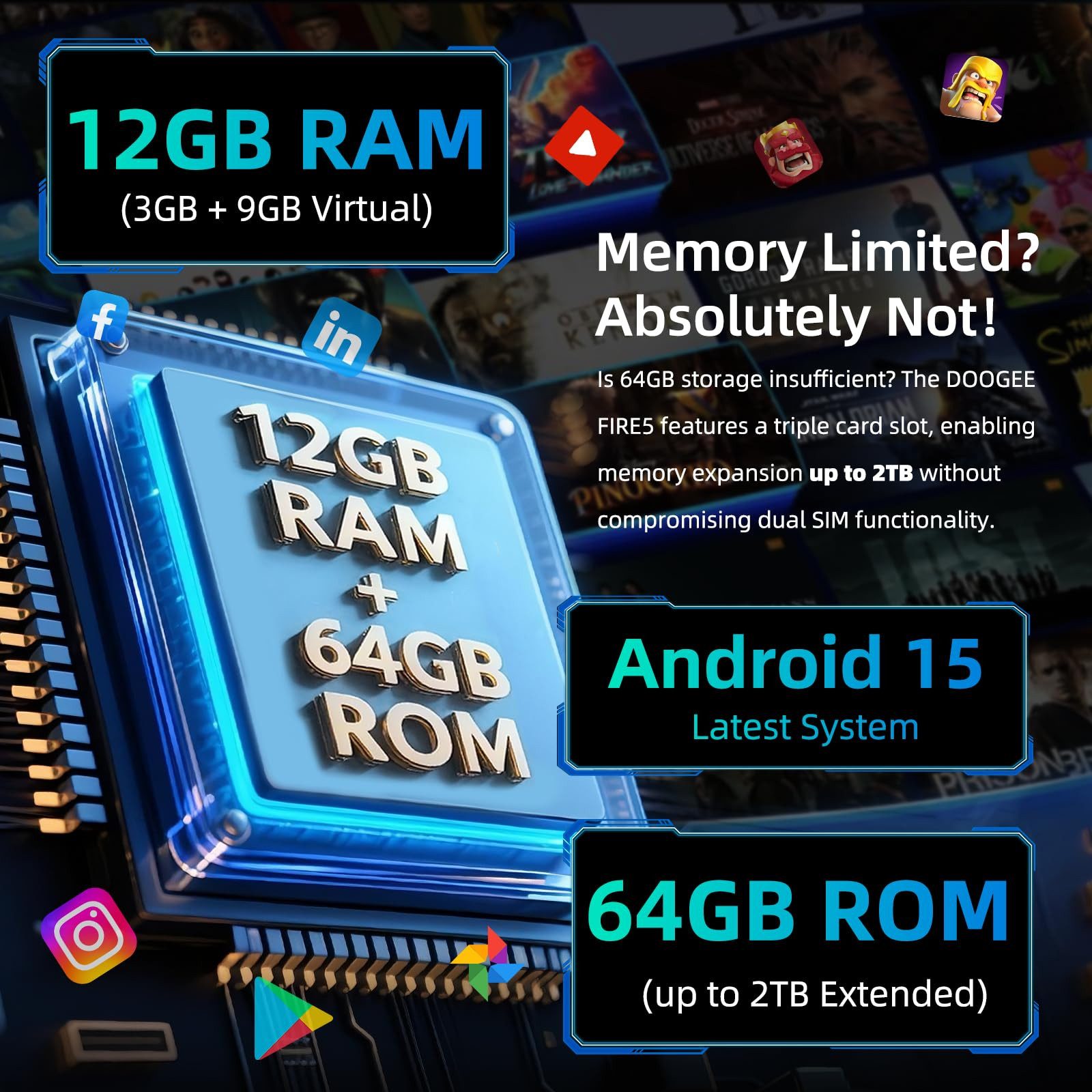 DOOGEE FIRE 5 12GB RAM+64GB ROM, 13000 mAh Akku Outdoor Smartphone (16,76 cm/6.6 Zoll, 64 GB Speicherplatz, 13 MP Kamera, IP68 Wasserdicht Baustellenhandy, Android 15, NFC, OTG, GPS)