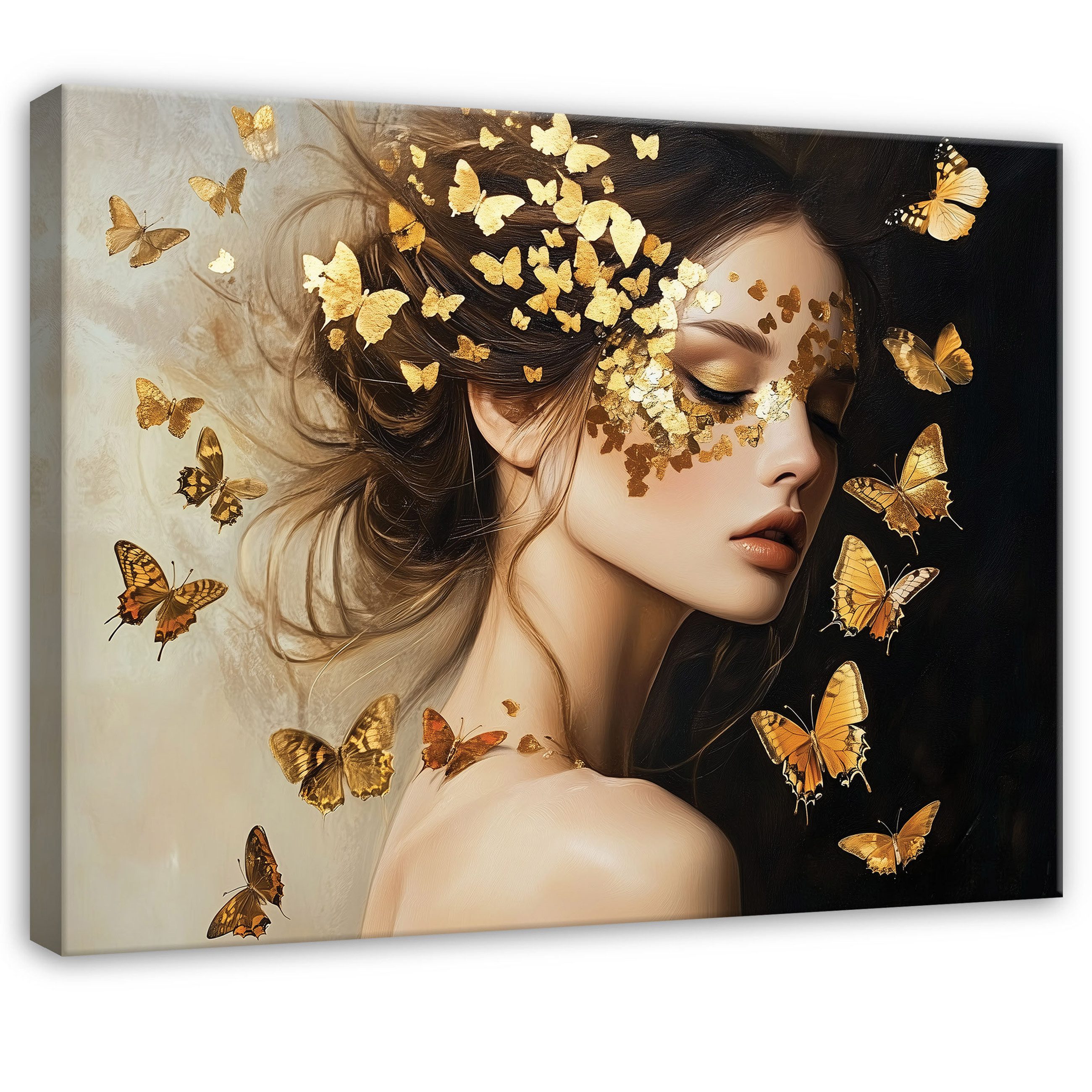 Wallarena Leinwandbild Frau Schmetterlinge Gold Modern Wandbilder Wand Deko XXL Bilder, Frau Schmetterlinge (groß Bilder Wohnzimmer Schlafzimmer Einteilig, 1 St), Bilder Klein Wohnzimmer Schlafzimmer Küche Wandbild Wand Deko 40x30