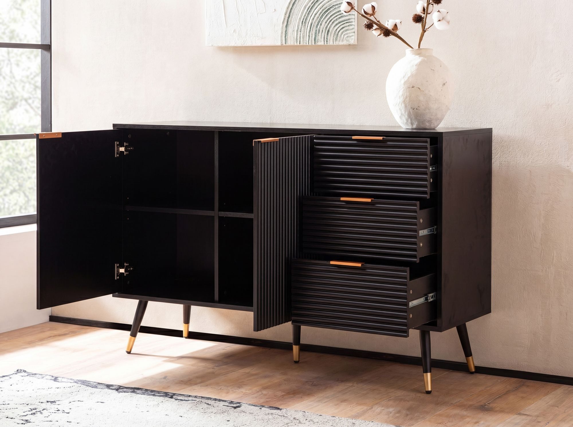 FINEBUY Sideboard FB104108 120cm Kommode mit 2 Türen & 3 Schubladen in MDF Eiche (Kommode Türen Modern, Hoher Kommodenschrank), 120 cm Anrichte, Schwarz Stauraum Schublade