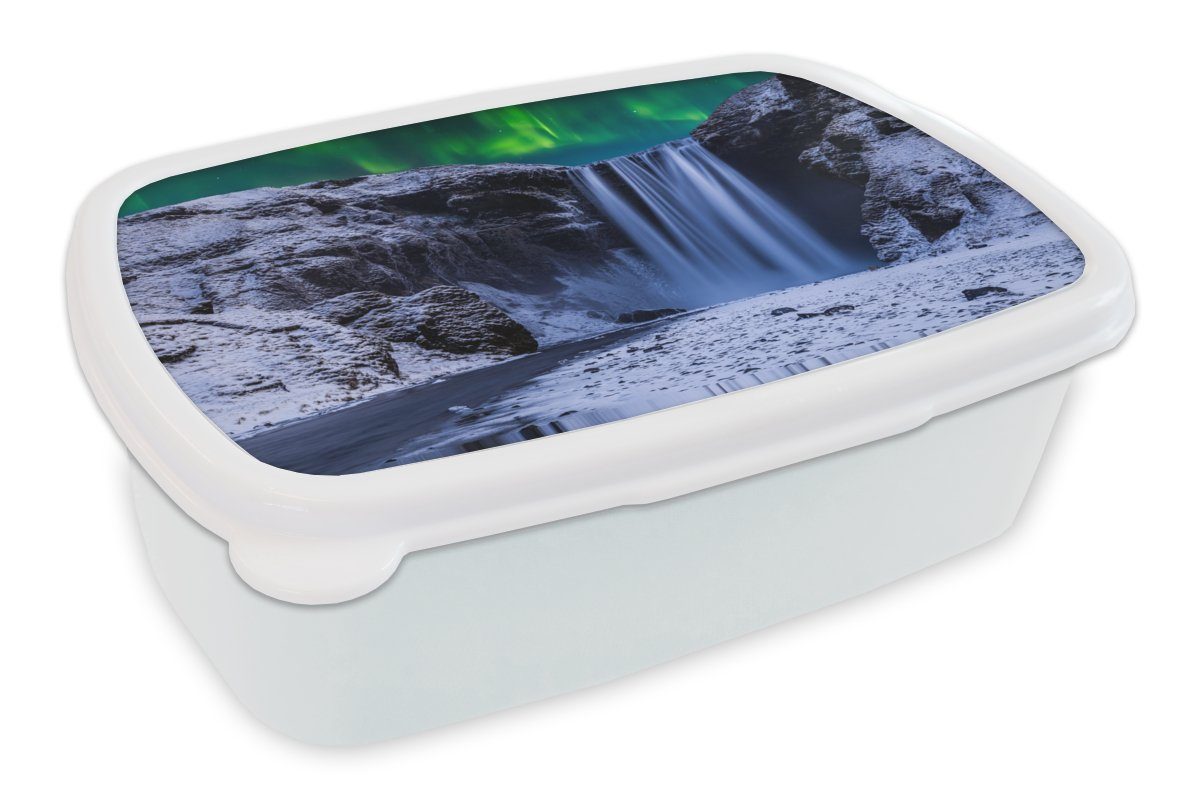 MuchoWow Lunchbox Nordlichter - Wasserfall - Schnee - Island, Kunststoff, (2-tlg), Brotbox für Kinder und Erwachsene, Brotdose, für Jungs und Mädchen weiß