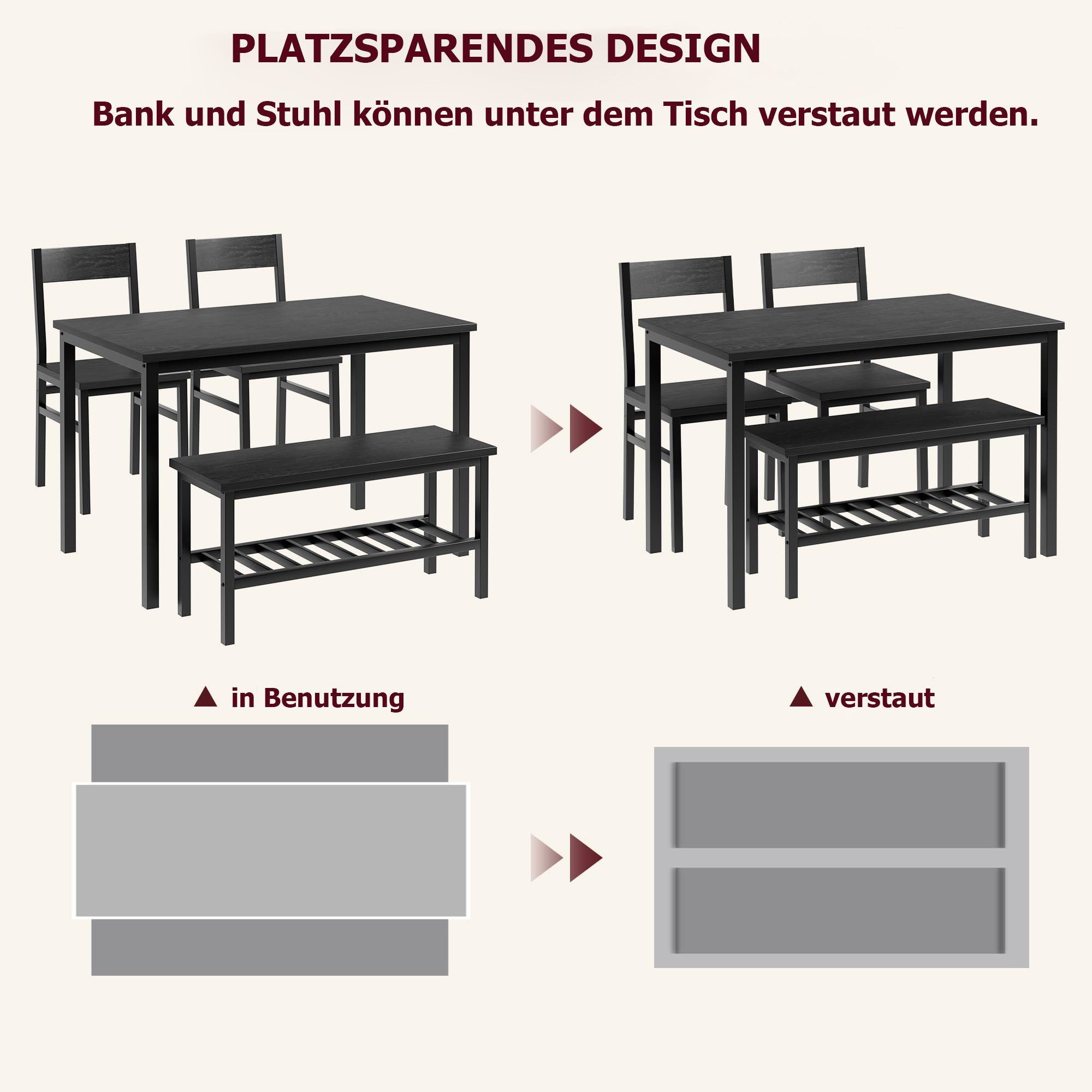 GarveeMore Essgruppe Esstisch-Set für 4, Esstisch mit 2 Stühlen und 1 Bank Platzsparend – Bild 5 von 5