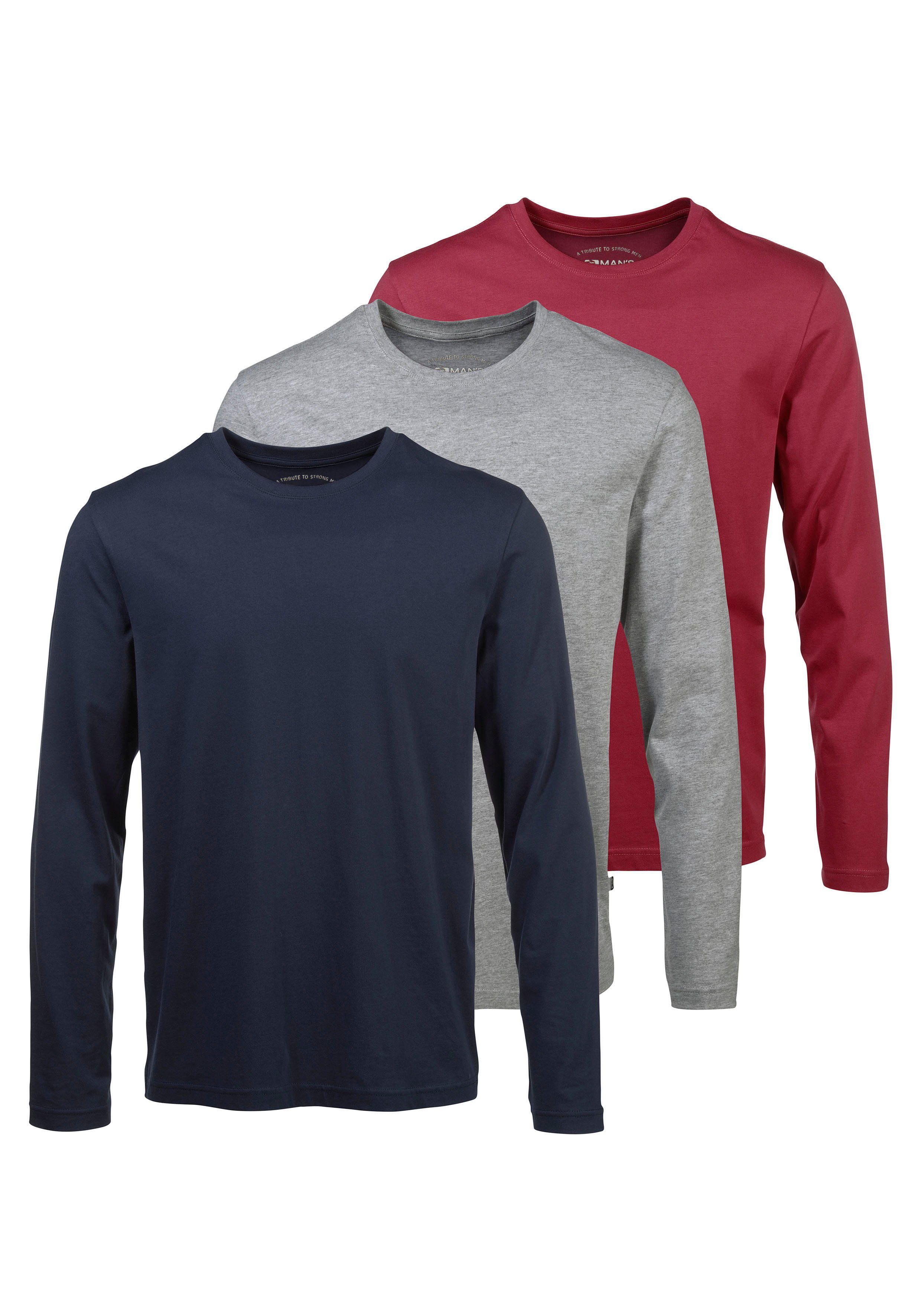 Man's World Langarmshirt (Packung, 3-tlg., 3er-Pack) aus reiner Baumwolle rot, marine, grau-meliert