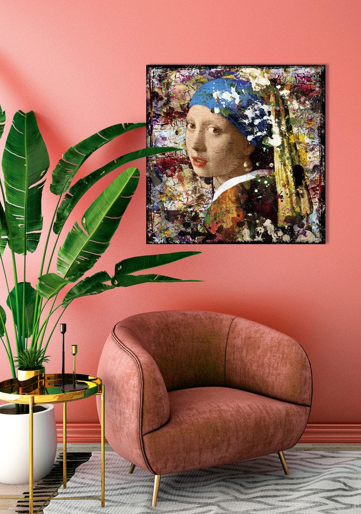 ArtUniverse Bild Glasbild Frau mit Perlenohring 80x80 cm, Frau mit Perlenohringen, Stabile Metallaufhänger vormontiert - auspacken - aufhängen