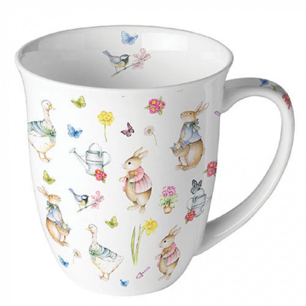 Ambiente Luxury Paper Products Becher Bauernhof, Sommer, Blumen, Planzen, Tiere, Ostern Kollektion, Porzellan Becher 0,4 l, Pflanzen, Hasen, Osterhase, Kaninchen, Ente Motiv, Frühling Tischdeko, Osterdeko, Tasse, Mug, Geschenke