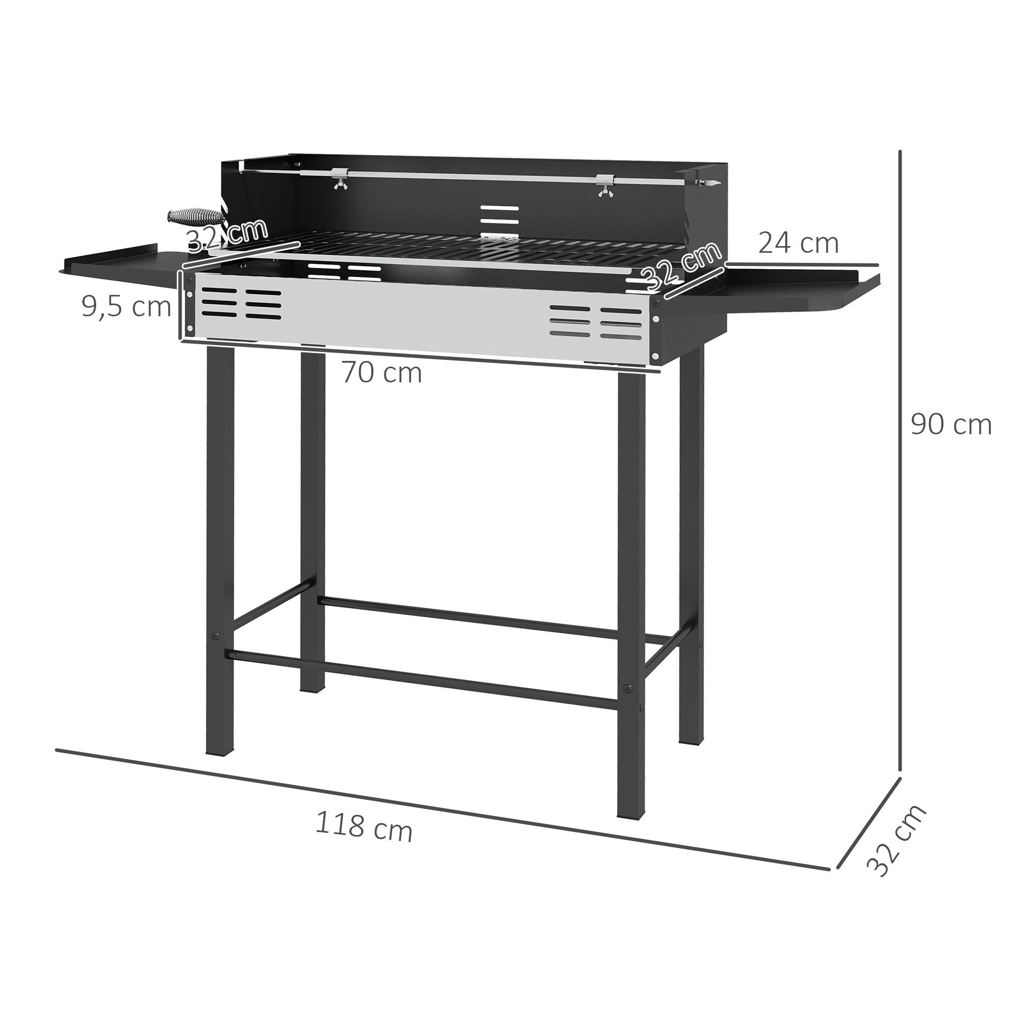 Outsunny Holzkohlegrill Campinggrill mit Grillrost und Rotisserie-Kit klappbar faltbar, Kohlegrill, BBQ Grill, Rostfreier Stahl+Metall Schwarz 118 x 32 x 90 cm