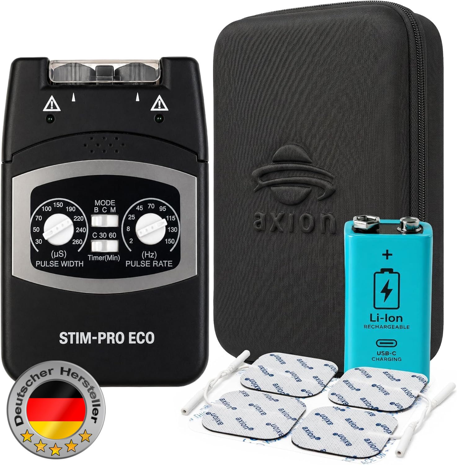 Axion TENS-Gerät STIM-PRO Eco TENS Gerät gegen Schmerzen mit 9V Li-Ion Akku, Medizinprodukt nach MDR (EU) 2017/745