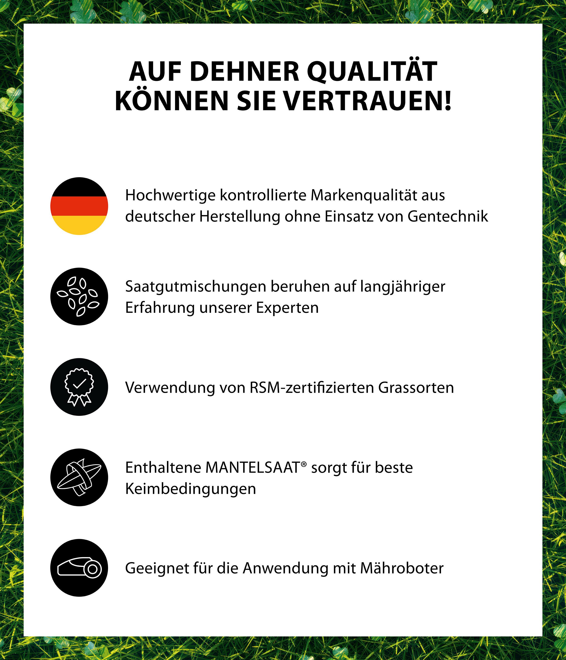 Dehner Rasensamen Mikroklee-Rasen Saatgut, pflegeleicht, selbstdüngend, versch. Größen, Für Spiel- & Entspannungsflächen, dichte Optik, schnell keimend