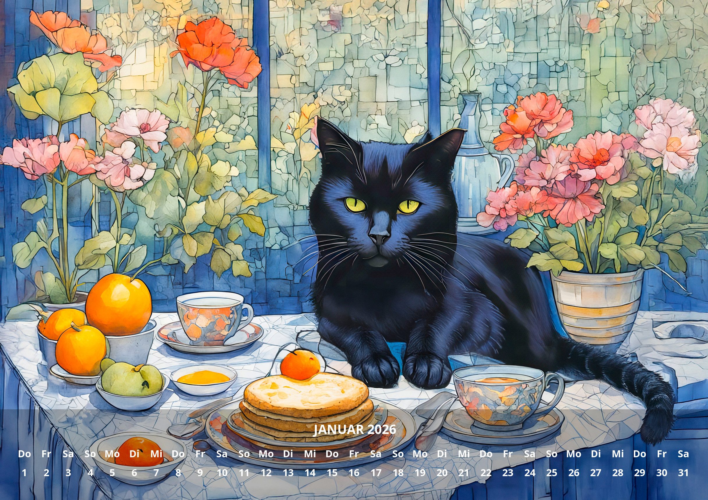 raxxa Wandkalender Aquarell Katzen 2026 - quer