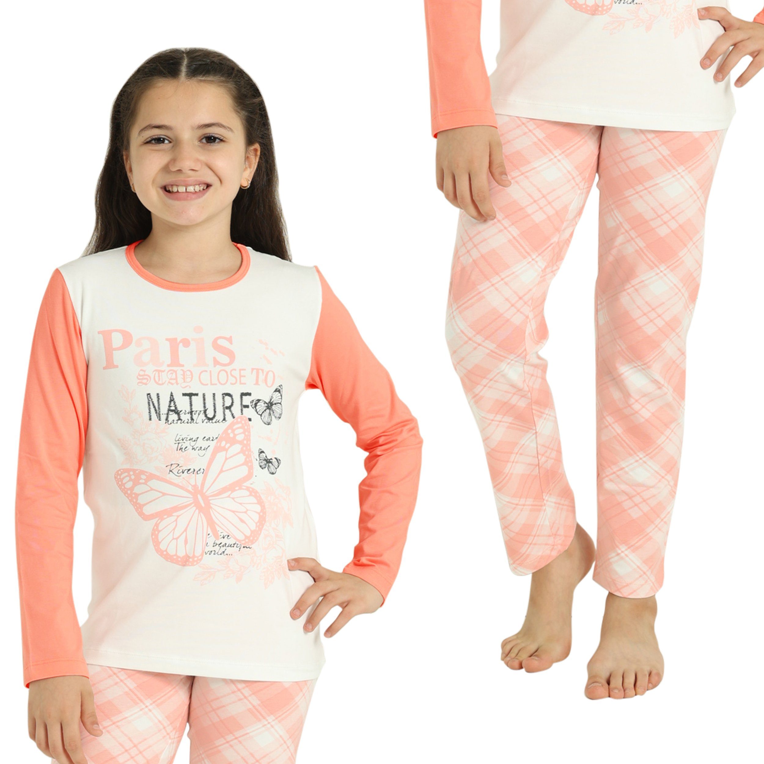 LOREZA Pyjama Mädchen Schlafanzug zweiteilig Set Langarm - Butterfly - Koralle (Set, 2 tlg)