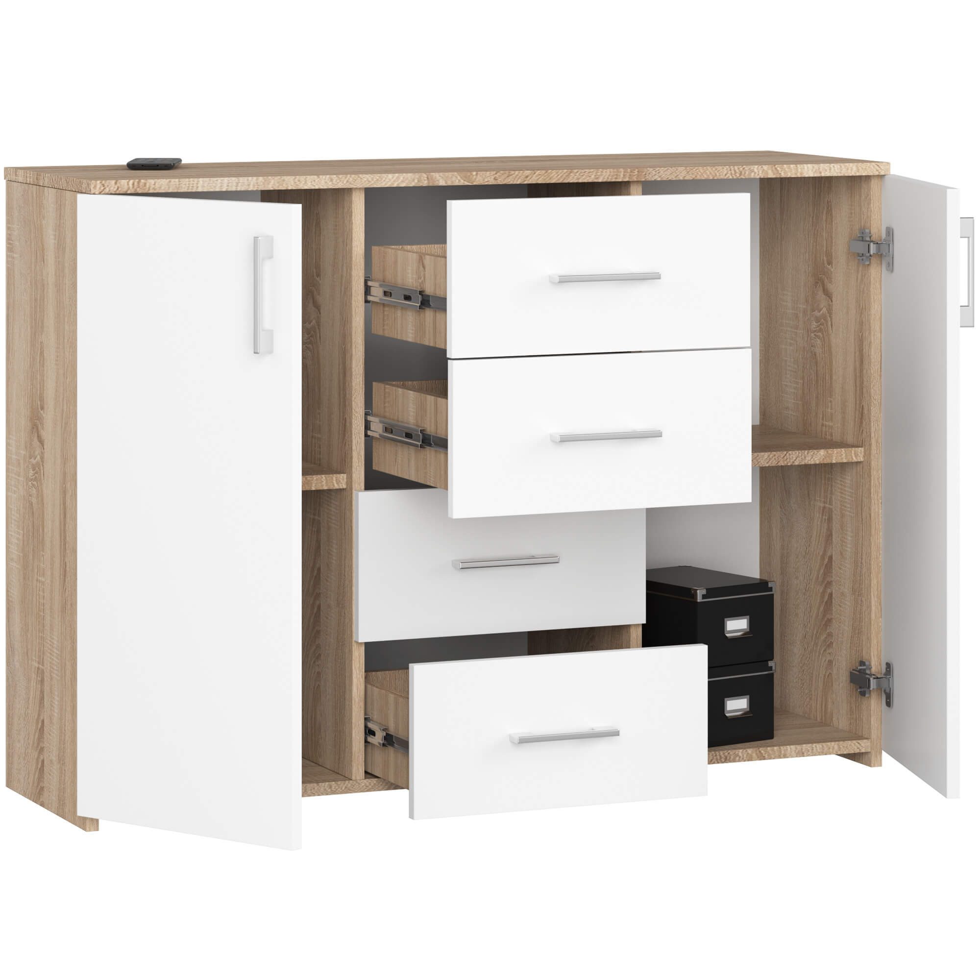 Raumhirsch Furniture Kommode mit 4 Schubladen, zwei Schranktüren, 110 cm breit Holz Schrank, Highboard / Kommode 110 cm, Sideboard Organizer für jeden Raum
