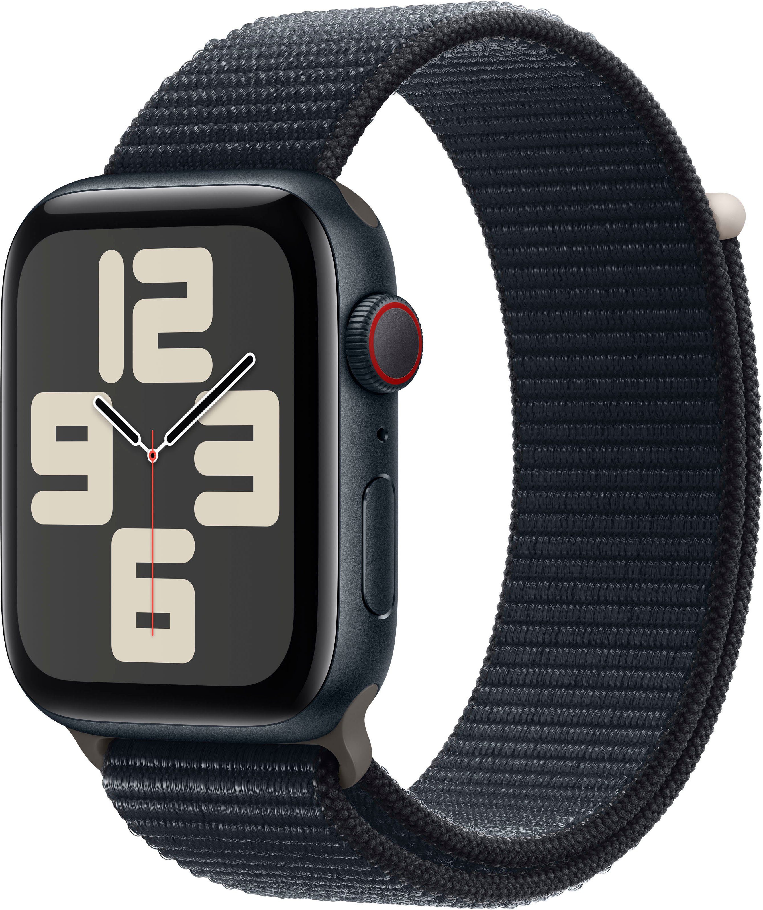 Apple Watch SE GPS Aluminium 44 mm + Cellular Smartwatch (4,4 cm/1,73 Zoll, Watch OS 10), Sport Loop schwarz | midnight