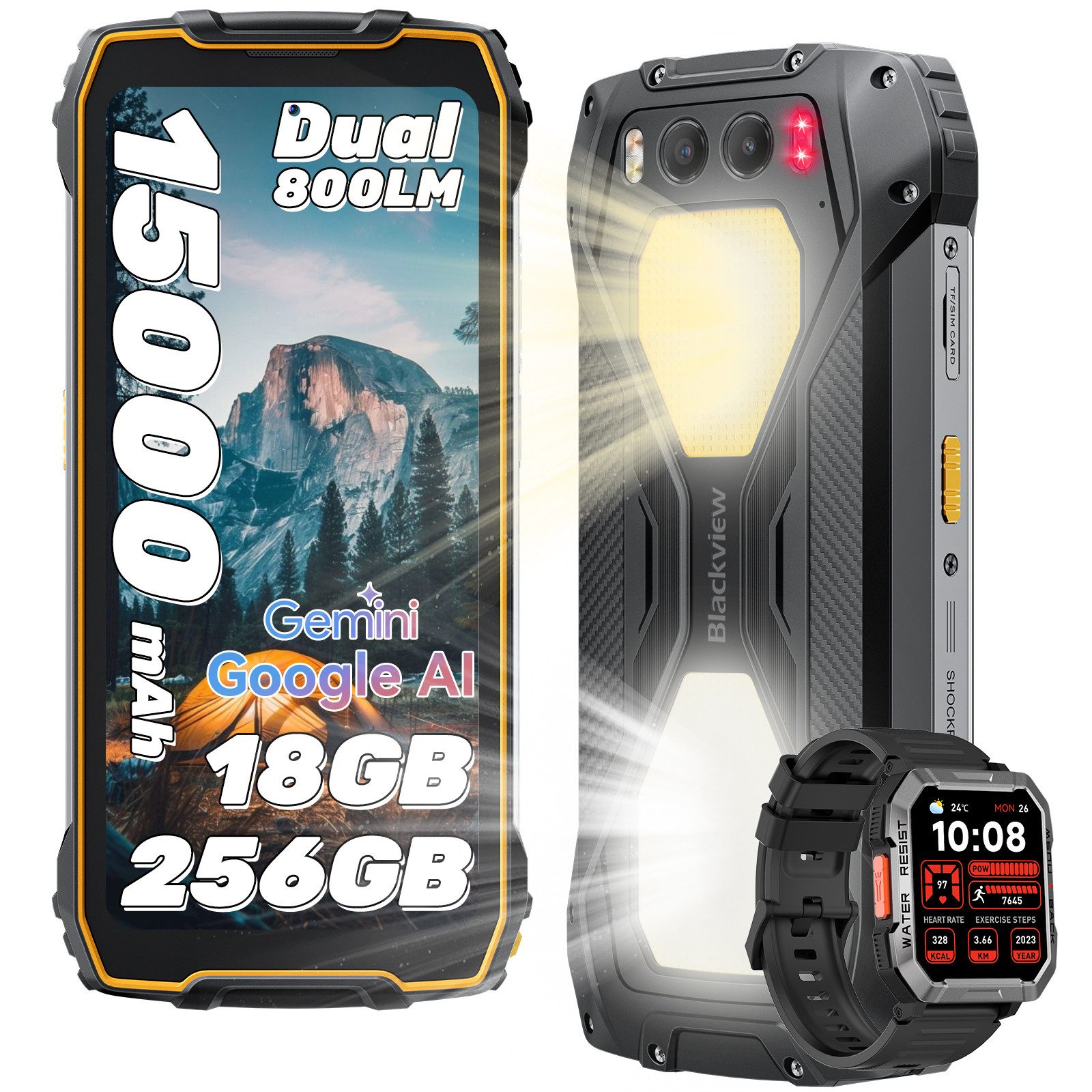 blackview BV7300 incl. W60 800LM Campinglicht Ohne Vertrag Handy (6.67 Zoll, 50 MP Kamera, 15000mAh, 45W, 50MP, 32MP, 20MP, 6,67", NFC)