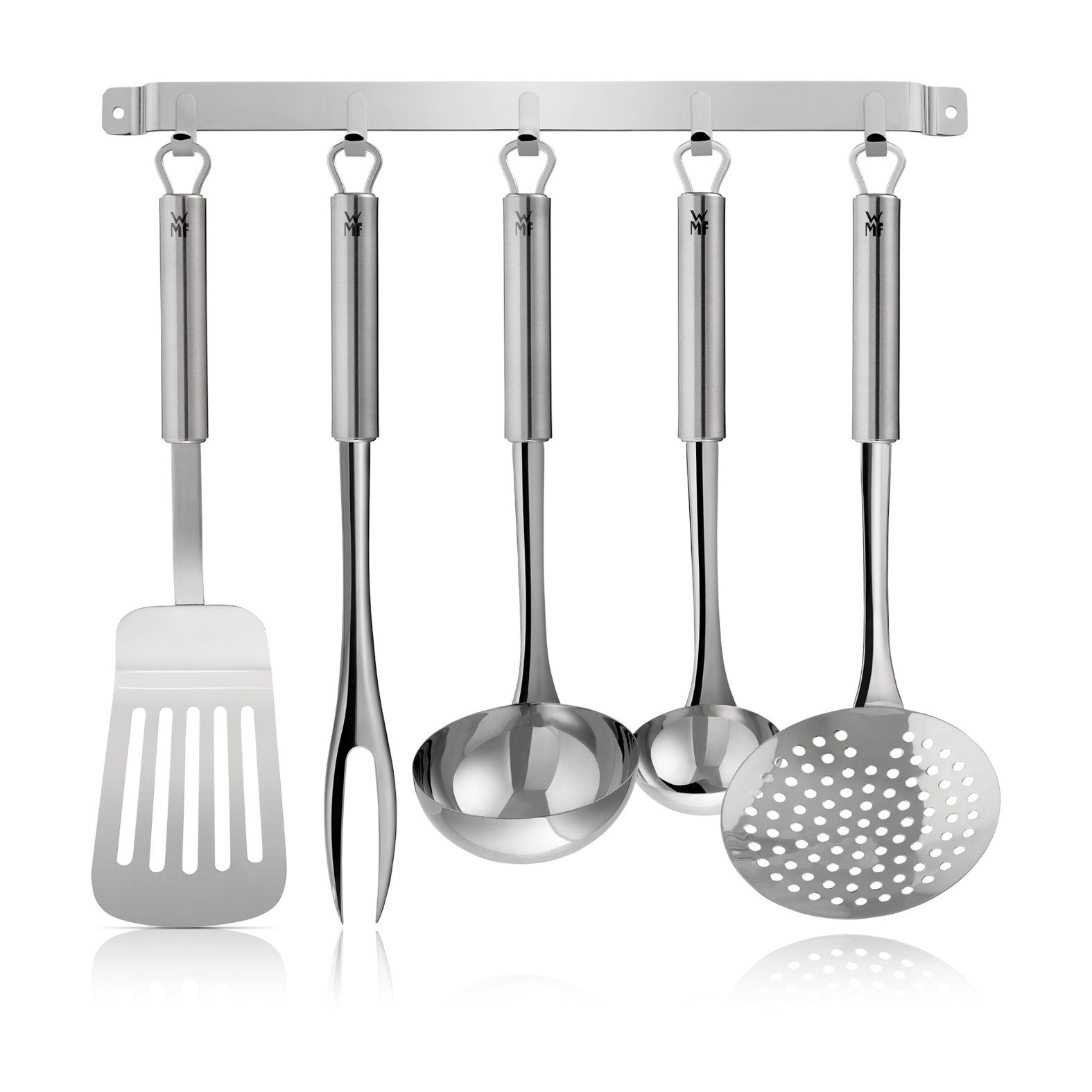 WMF Kochbesteck-Set Profi Plus, spülmaschinengeeignetes Küchenhelfer-Set (Set, 6-tlg., Hängeleiste, Schöpf-/Schaum-/Saucenkelle, Pfannenwender, Fleischgabel), praktische Aufhängeösen für die Hängeleiste, Cromargan Edelstahl