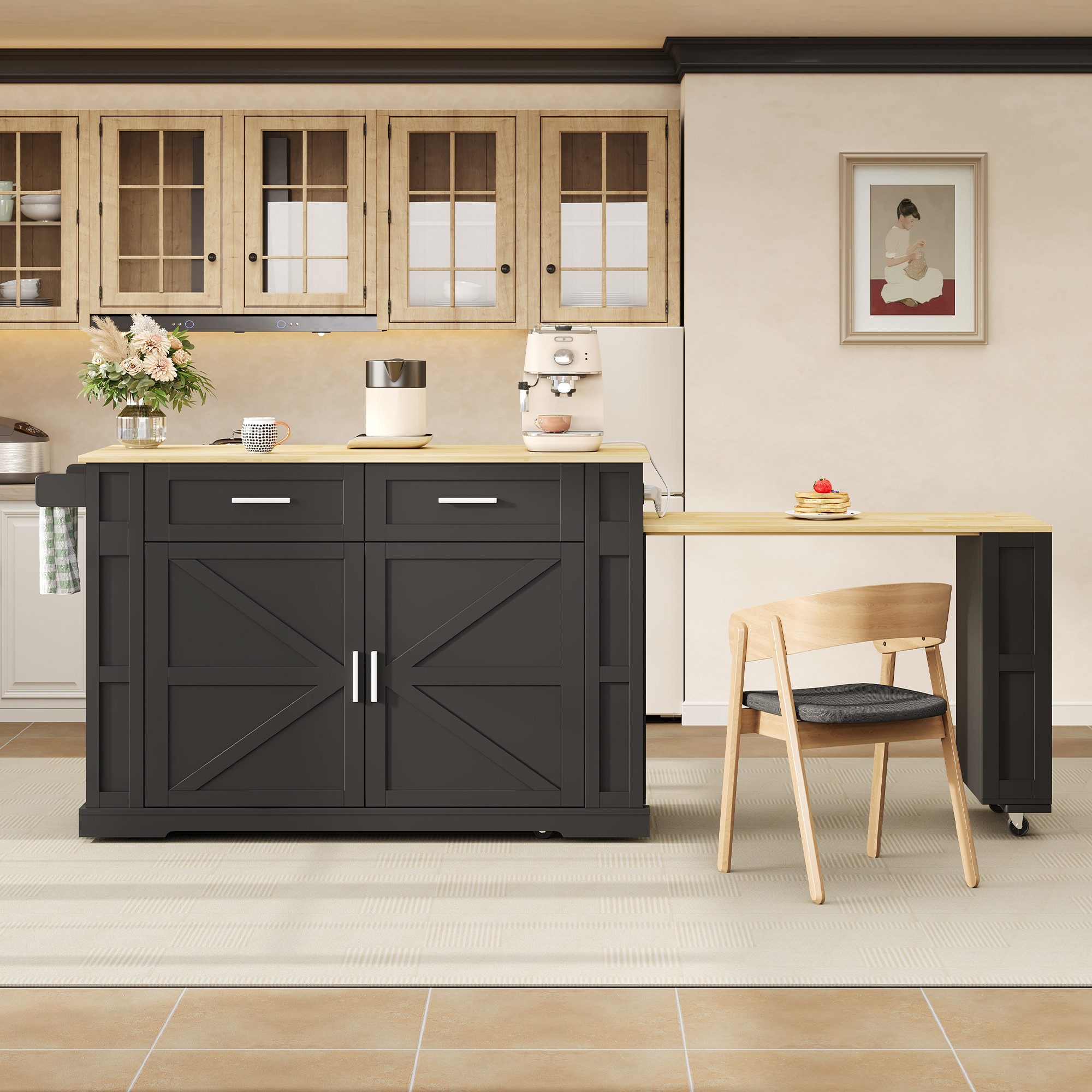i@home Kücheninsel Küchenwagen mit ausziehbarer Arbeitsplatte (120-205 cm), (freistehend auf 7 Rollen, Doppeltür-Schrank), Servierwagen Steckdosenleiste mit USB, für Küchen & Wohnbereich