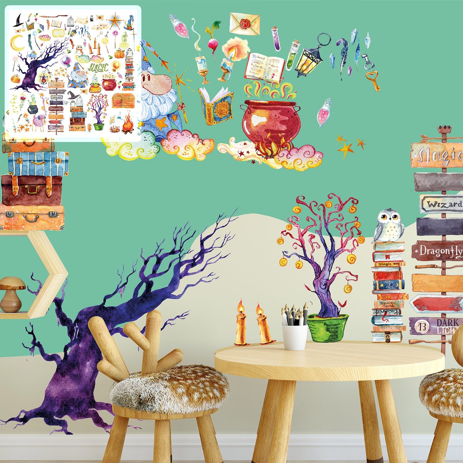 Sunnywall Wandtattoo XXL Zauberer Magier Wandtattoo Set Kinderzimmer Aufkleber, selbstklebend