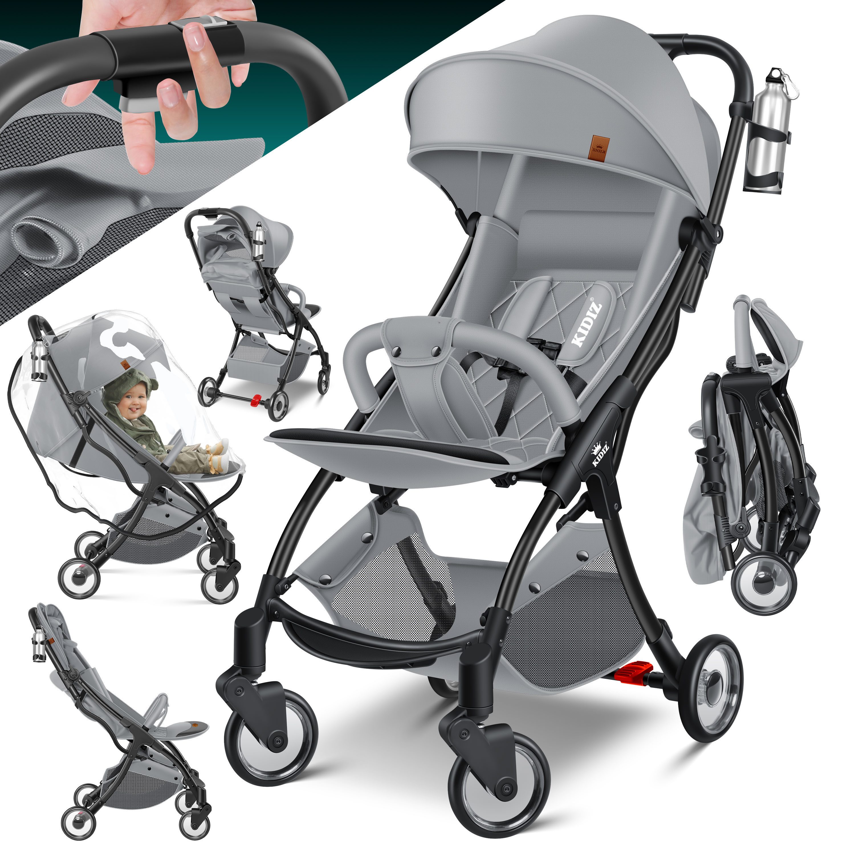 KIDIZ Kombi-Kinderwagen Sportwagen Faltbar, Buggy mit verstellbaren Rückenlehnen & 360° Räder, (Kinderbuggy Inkl. Getränkehalter, Regenabdeckung & Sonnenverdeck), Liegebuggy mit 5-Punkt Gurt & Abnehmbare Stoßstange