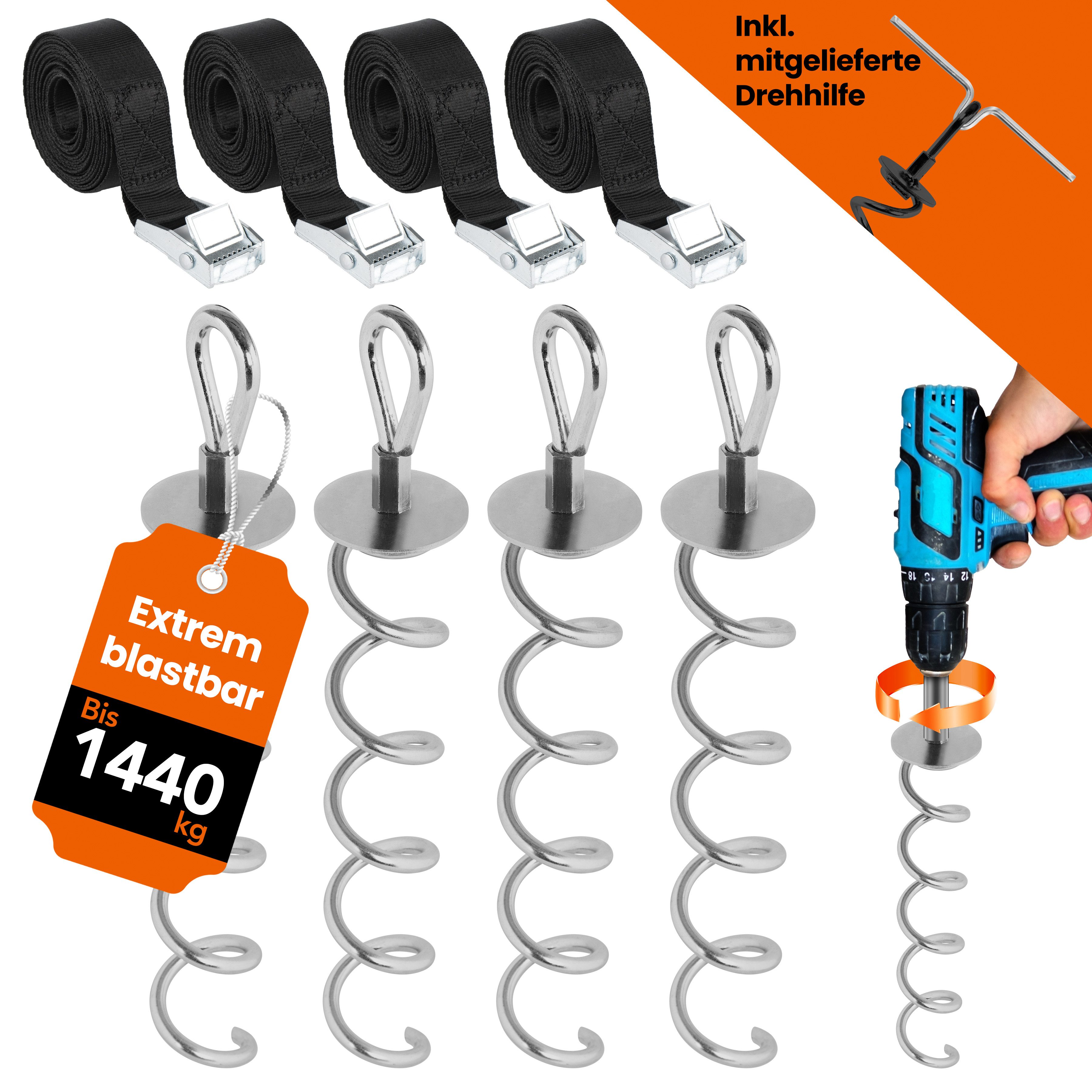 NewHabitat Bodenanker Erdanker zum Eindrehen für Trampolin, Schaukel, etc inkl. Gurte, für Trampolin, Schaukel, Pavillion, Festzelt uvm., zum Eindrehen, (Kompletteset, 4-St., inkl. Drehhilfe), Einfaches Eindrehen mit Akkuschrauber & 14-er Nuss