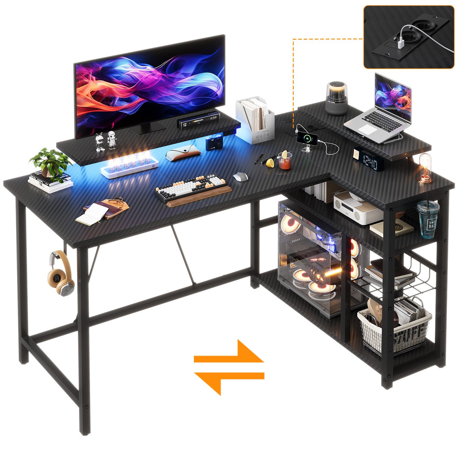 HOMALL Schreibtisch L-förmiger Computertisch mit Steckdosen, USB-Anschlüssen und Stauraum (120/140 × 50 × 75/80 cm großer Gaming-Tisch mit zwei Ablageflächen, einer abnehmbaren Trennwand zum Selberbauen und Kopfhörer-/Becherhaltern)