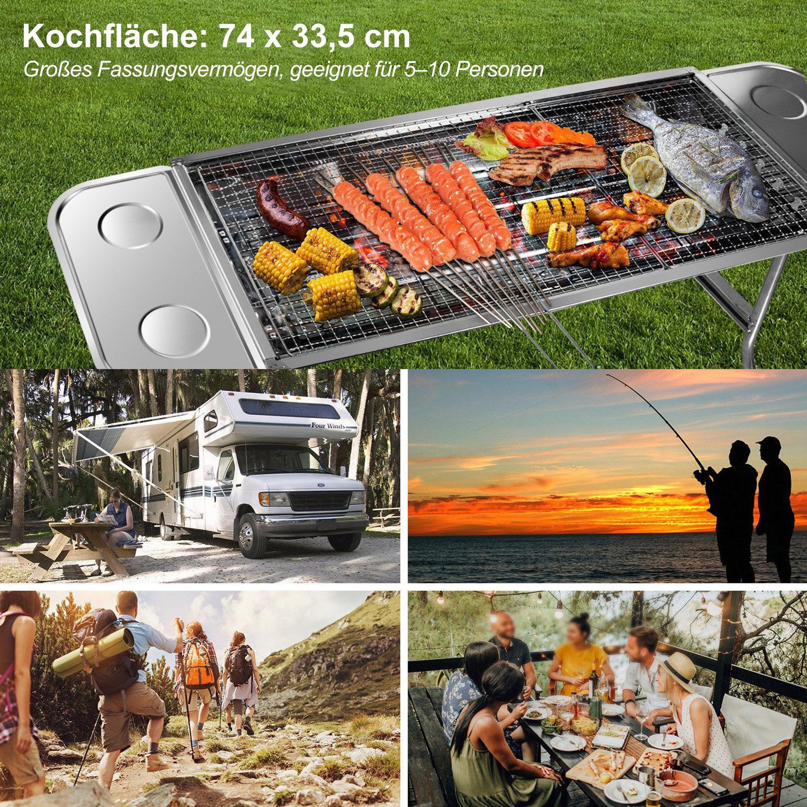 SunJas Holzkohlegrill CA-12 Edelstahl Holzkohlegrill mit 2 Stück Grillrost, Mit Praktische Seitenablagen, für 5 bis 10 Personen, Tragbar Klappgrill Standgrill Edelstahl BBQ Standgrill Grill