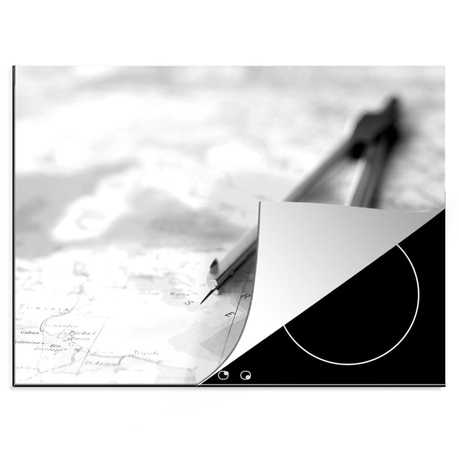 cm, weiß, und tlg), schwarz nutzbar, Kompass 70x52 Mobile als Arbeitsfläche Navigationshilfe (1 - Vinyl, Ceranfeldabdeckung Herdblende-/Abdeckplatte MuchoWow