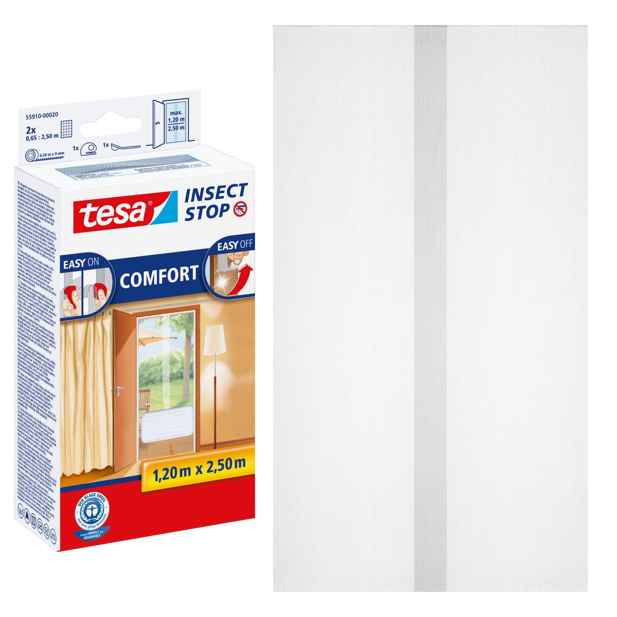 tesa Insektenschutz-Tür Insect Stop Comfort Fliegengitter für Türen - 1,3 m : 2,5 m, (Packung, 1-St., Fliegennetz, Klettband), Insektenschutzgitter Dachfenster - ohne Bohren - zuschneidbar