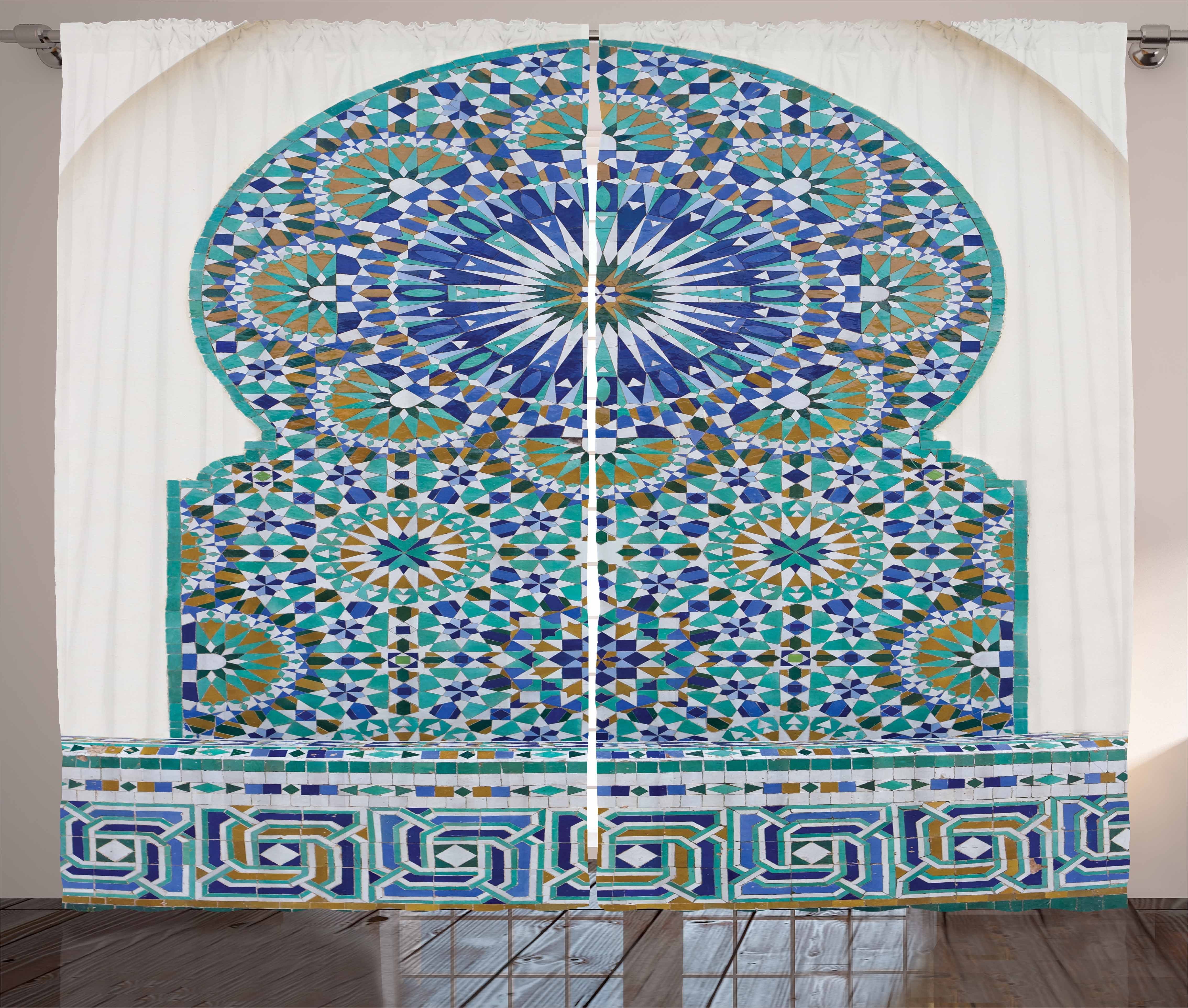 Gardine Schlafzimmer Kräuselband Vorhang mit Schlaufen und Haken, Abakuhaus, marokkanisch Eastern-Keramik-Fliese