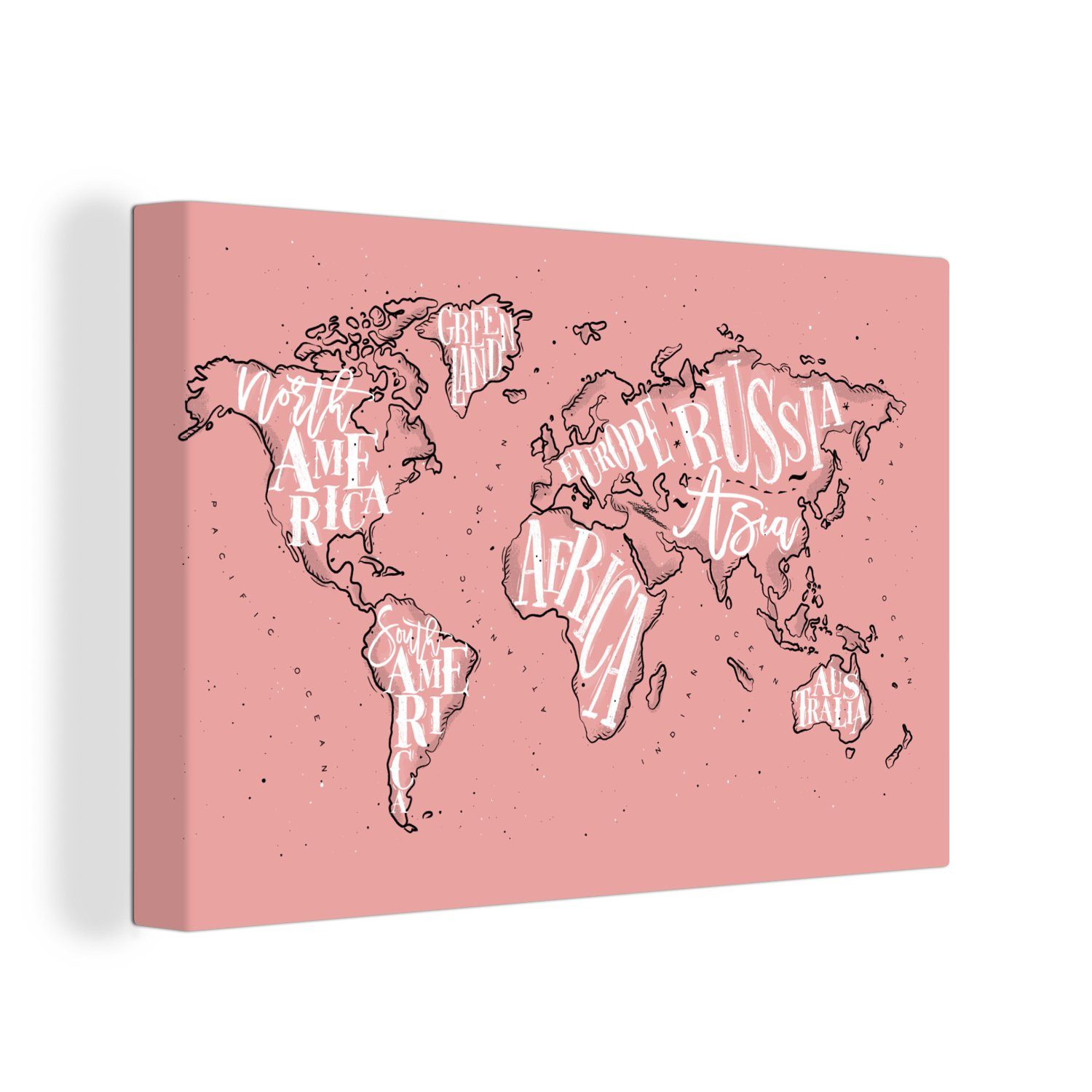 OneMillionCanvasses® Leinwandbild Weltkarte - Rosa - Briefe, (1 St), Wandbild Leinwandbilder, Aufhängefertig, Wanddeko, 30x20 cm