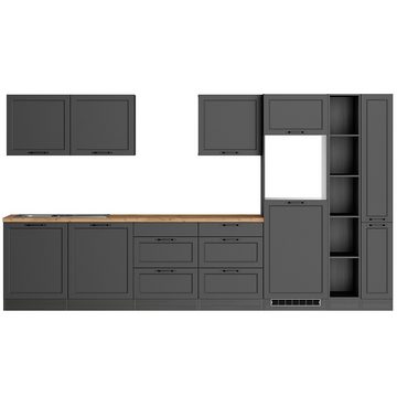 Lomadox Küchenzeile MONTERREY-03, Küchenblock Küchenmöbel, 360cm, grau mit Eiche