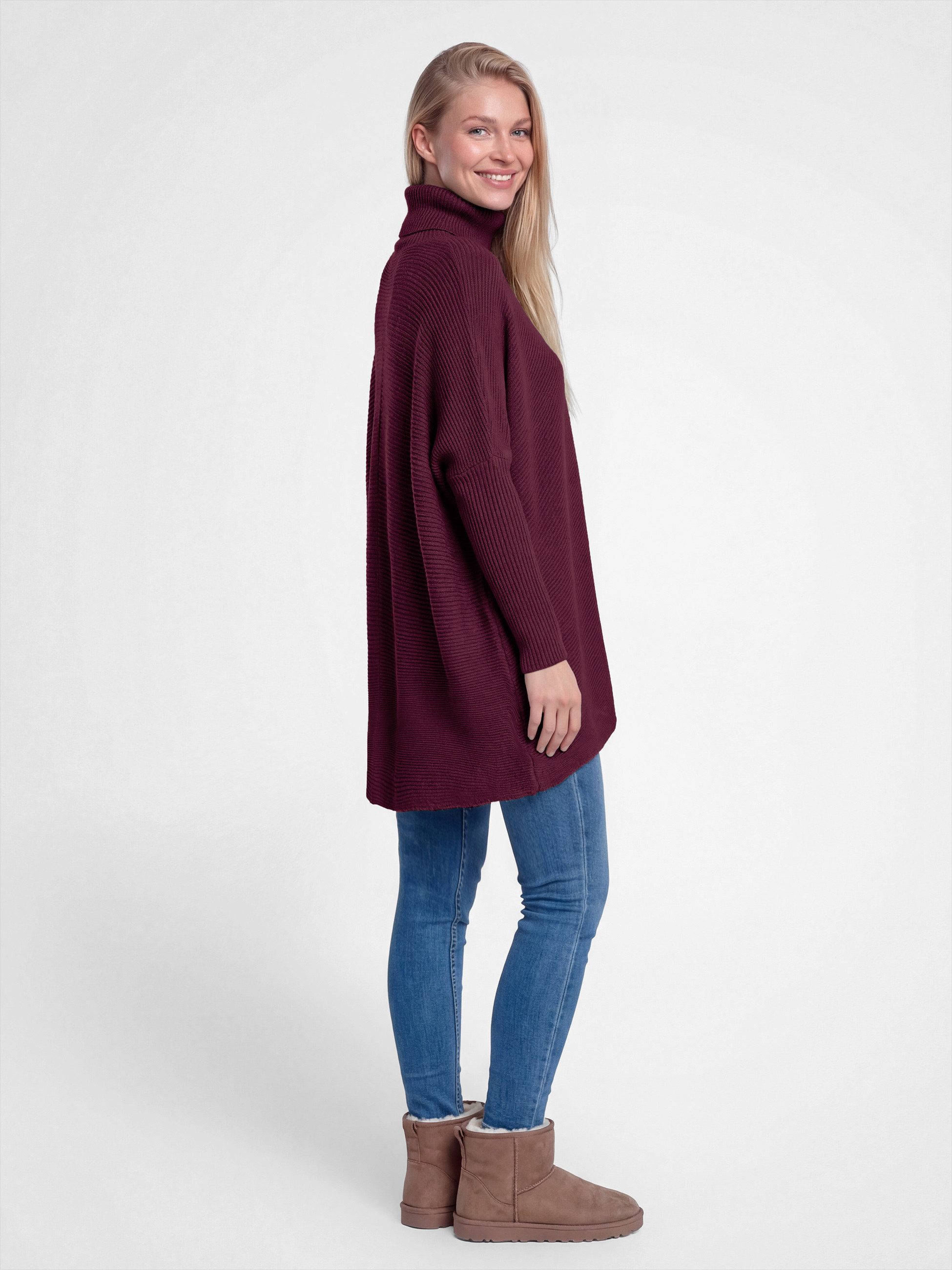 PEKIVESSA Longpullover Oversized langer Rollkragenpullover Damen Fledermausärmel (Einzelartikel, 1-tlg) hinten länger