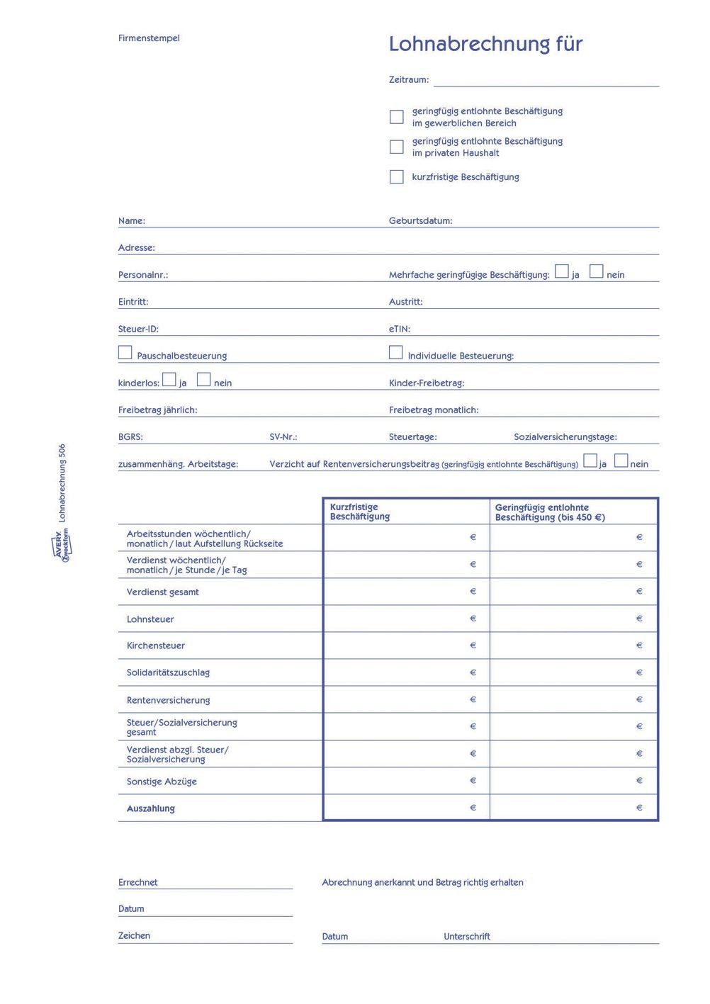 Avery Zweckform Formularblock 506 506 Lohnabrechnung für geringf. Beschäftigte DIN A4 vorgelocht 50