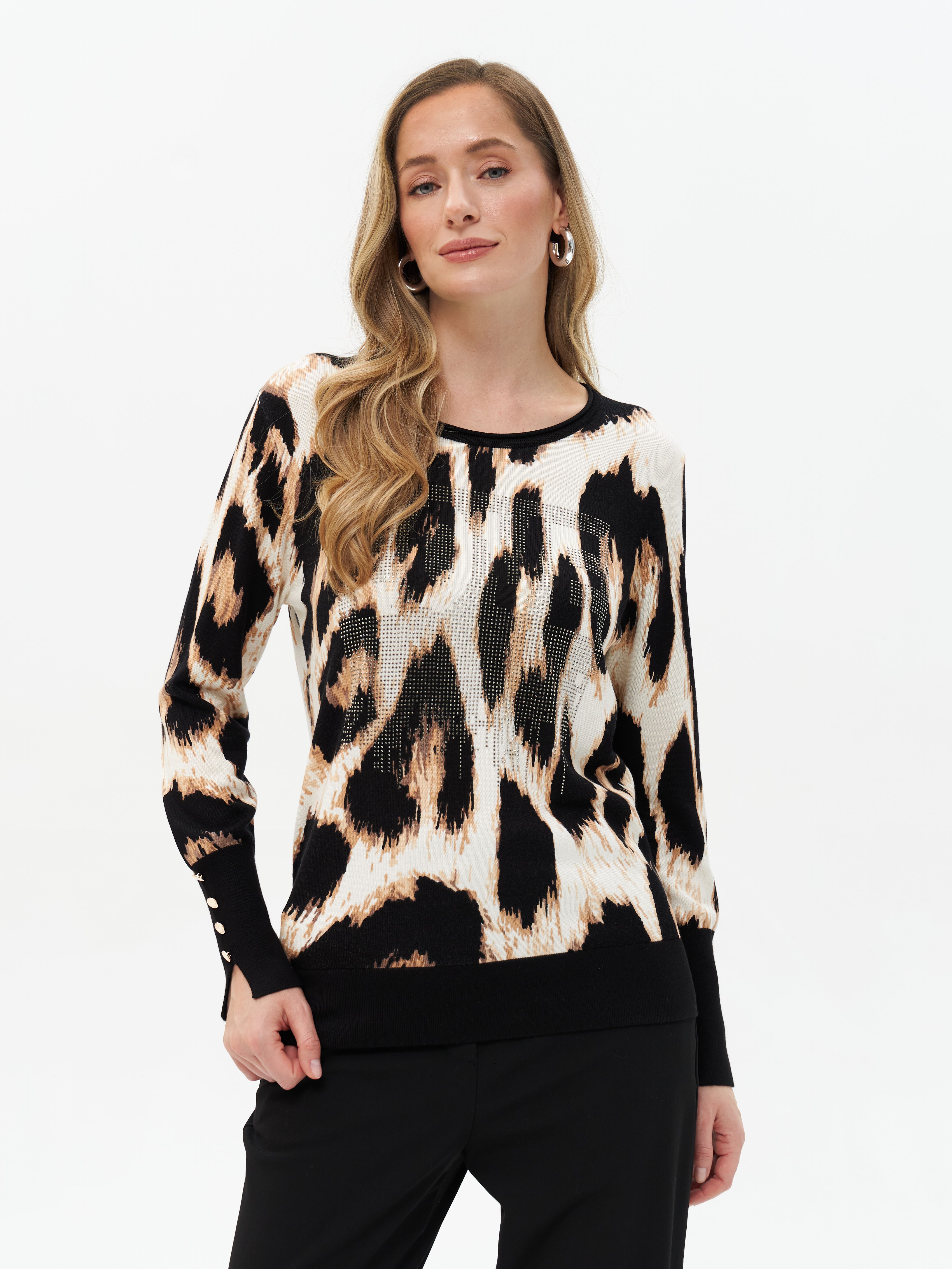 Passioni Strickpullover mit Animalprint und Ärmelbündchen mit Strasssteinen