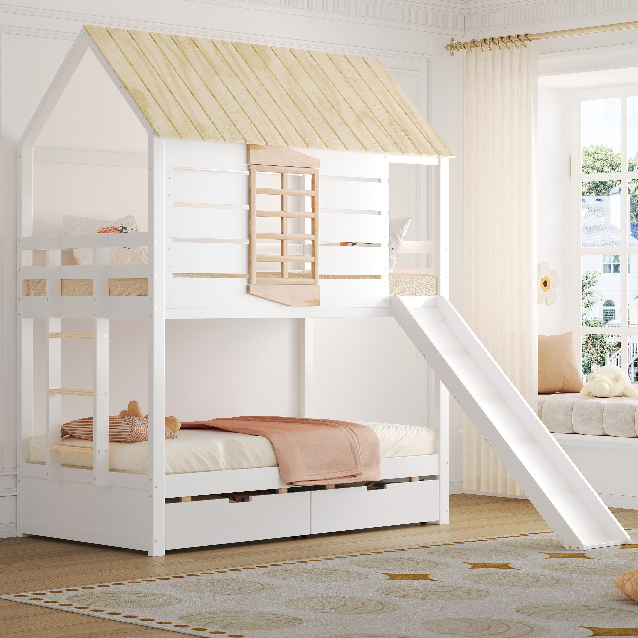 Flieks Etagenbett, Hausbett Kinderbett 90x200cm mit 2 Schubladen, Leiter un günstig online kaufen