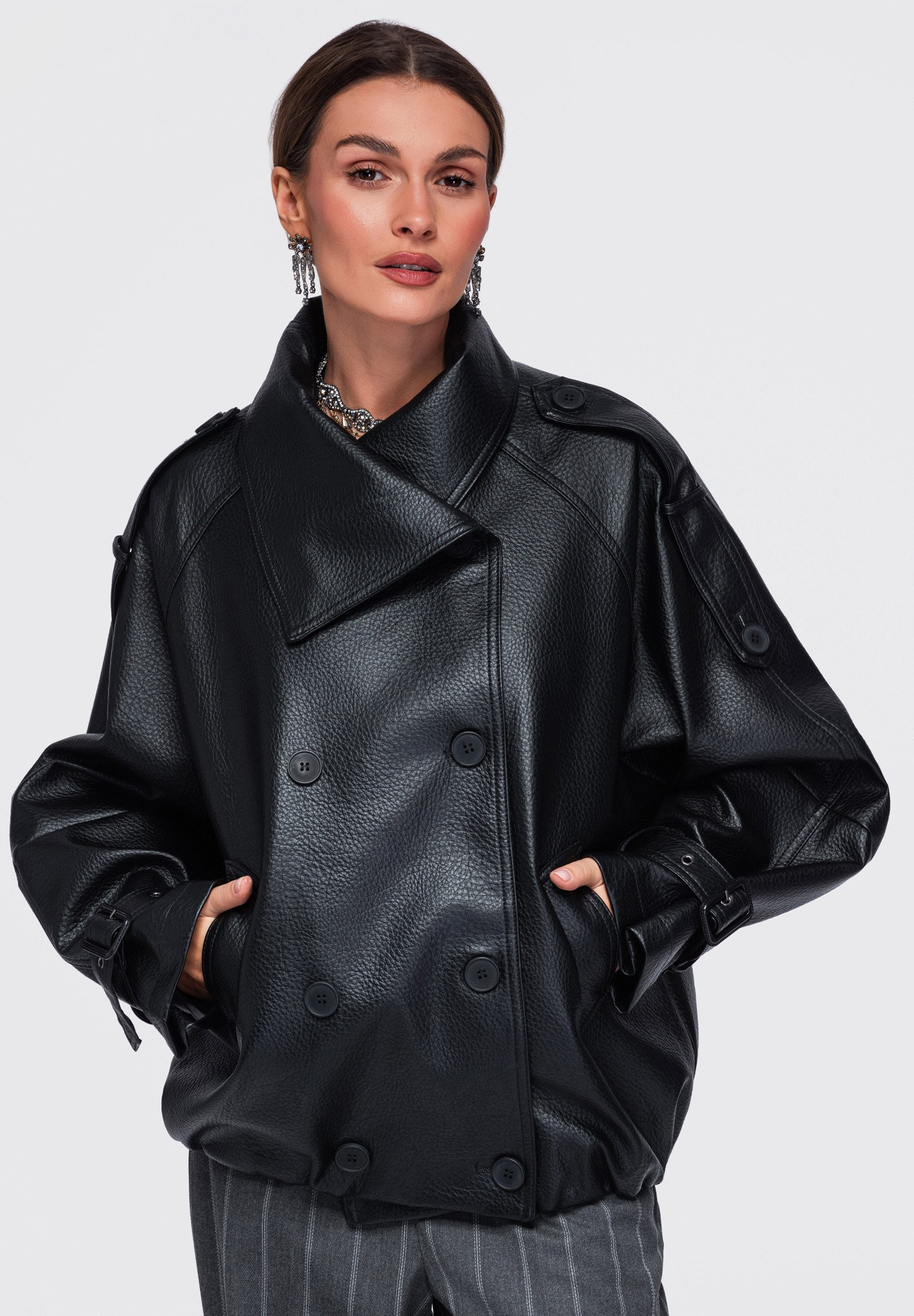OMBRE Lederimitatjacke Damen Oversized Jacke mit breiten Revers Schwarz S/M (kein Set, 1-St) in Unifarbe