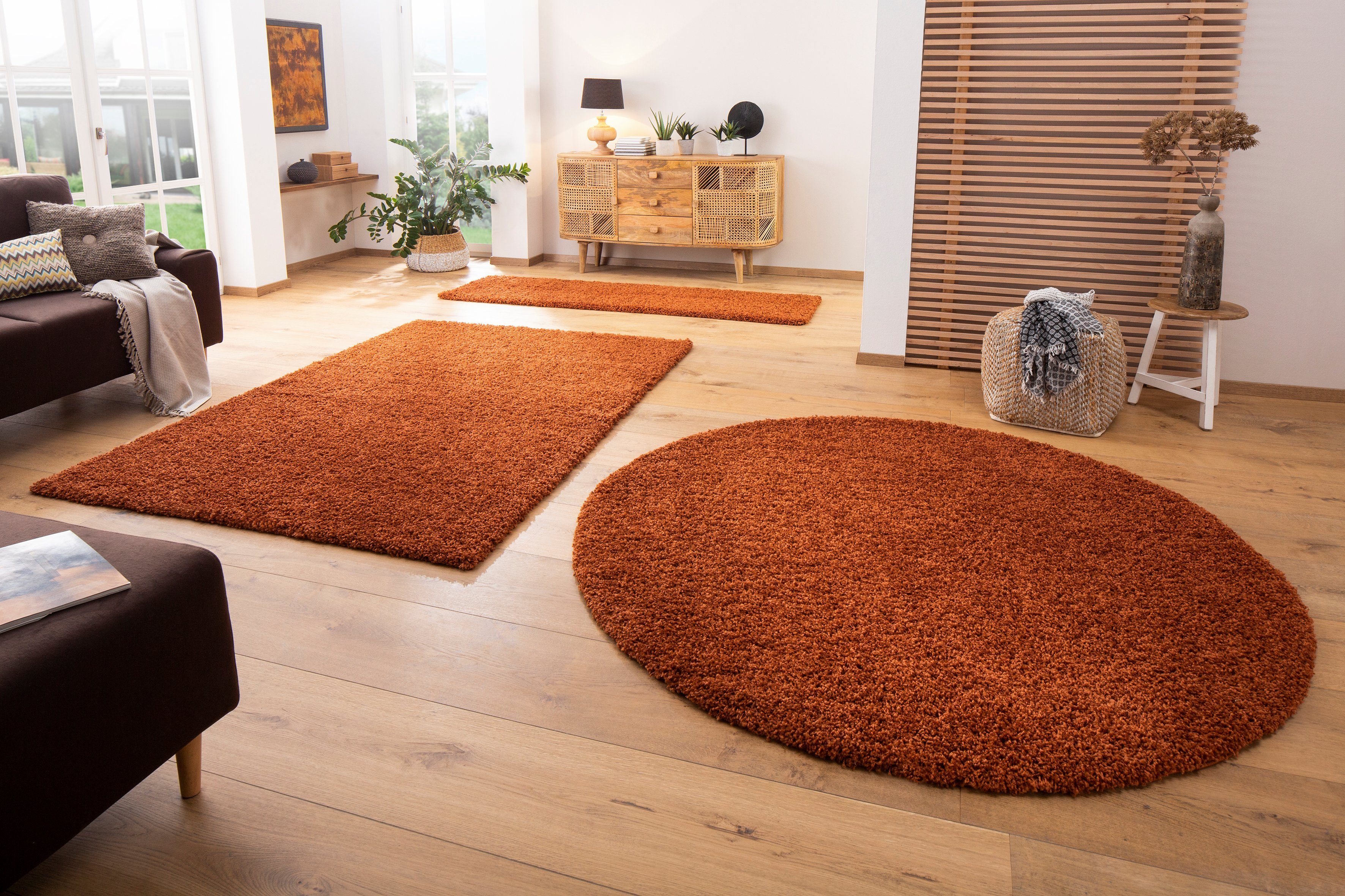 Teppich kuschelig rund, kupfer rund, einfarbig, besonders affaire, weich und Uni-Farben, Viva Home Höhe: 45 mm, Teppich