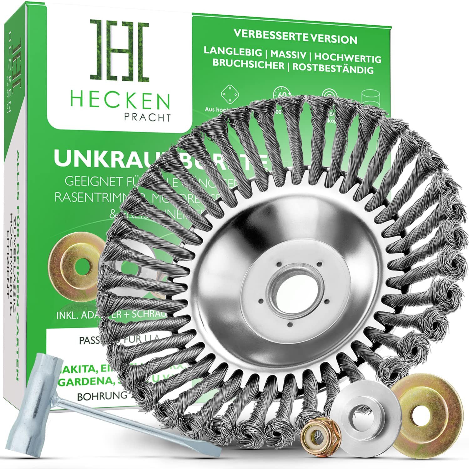 Heckenpracht Drahtbürste Freischneider, Profi Unkrautbürste für Freischneider 25,4mm Bohrung, (Wildkrautbürste für Motorsense zur effektiven Unkrautentfernung)