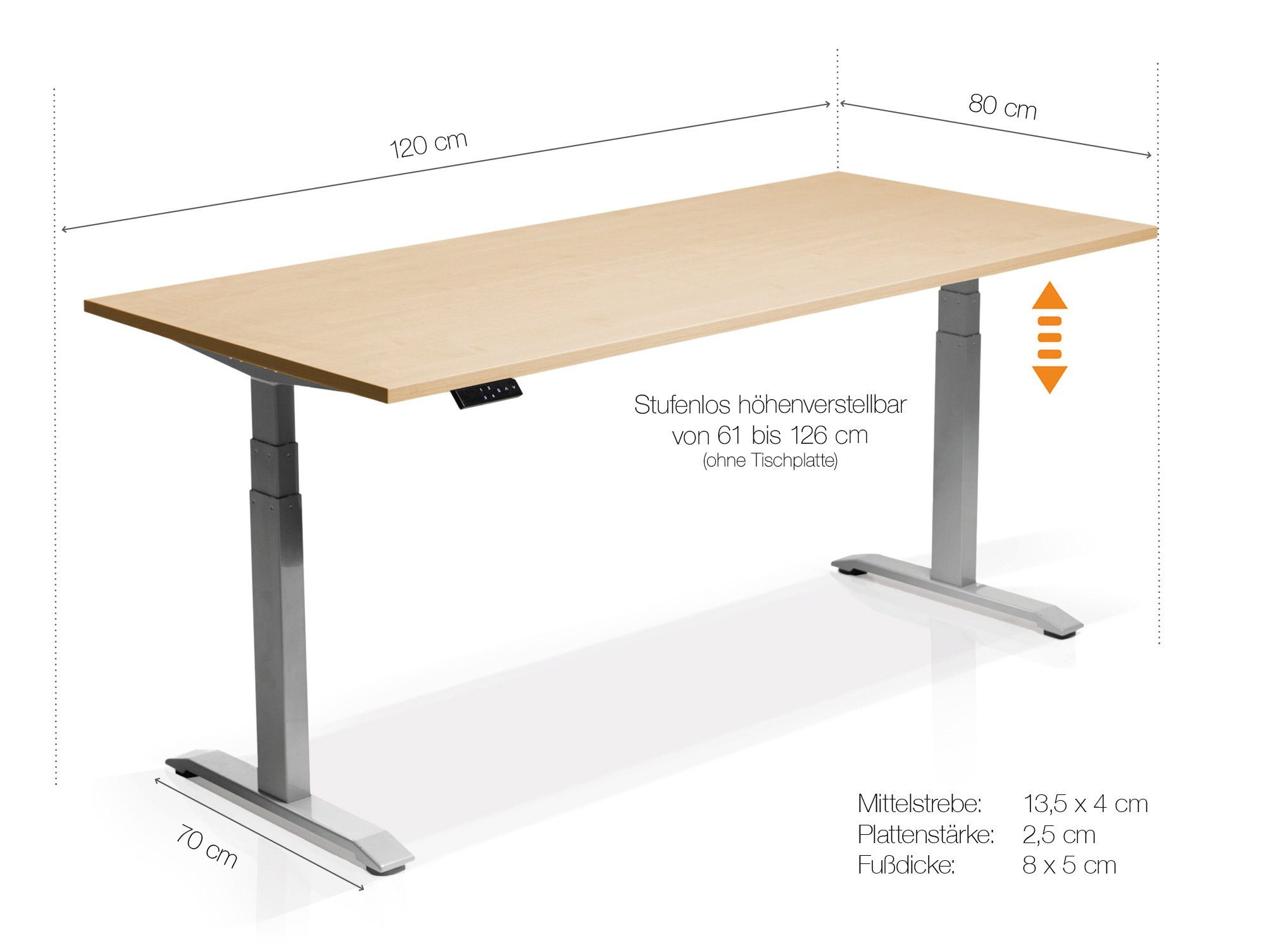 ONE Moebel-Eins OFFICE sonomafarbig | Stehtisch, Schreibtisch, höhenverstellbarer Schreibtisch grau Eiche Dekorspanplatte / elektrisch Material
