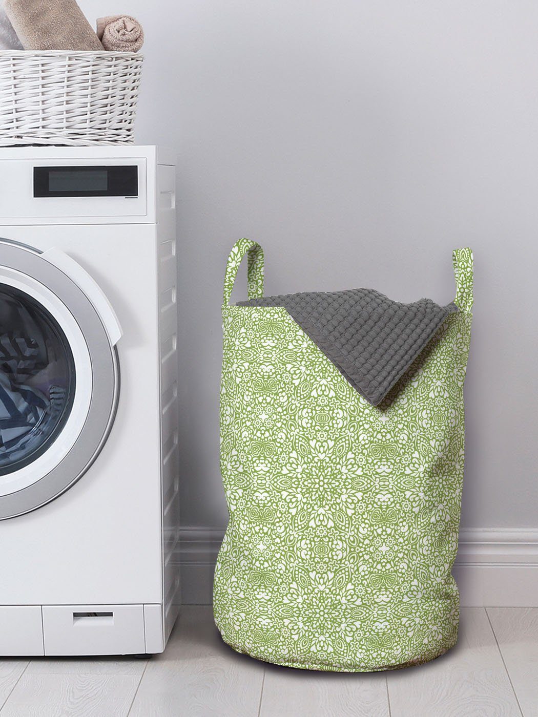 Wäschesäckchen Damast Kordelzugverschluss für Waschsalons, Griffen mit Abstrakt Monochrome Wäschekorb Jumble Abakuhaus