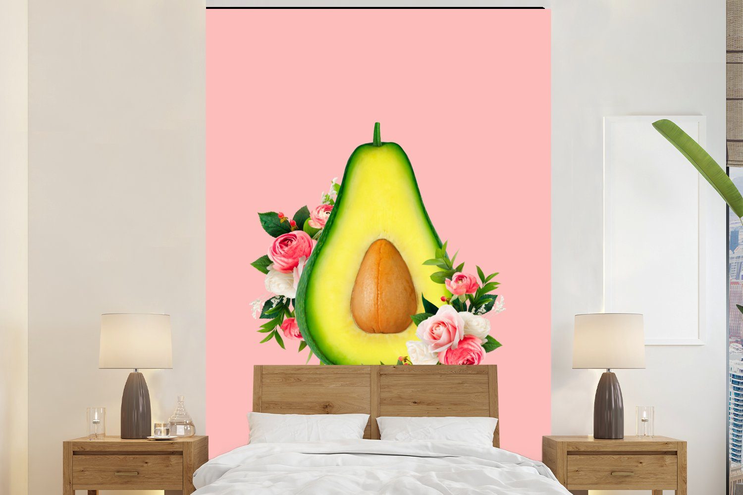 MuchoWow Fototapete Blumen - Avocado - Stilleben, Matt, bedruckt, (3 St), Montagefertig Vinyl Tapete für Wohnzimmer, Wandtapete