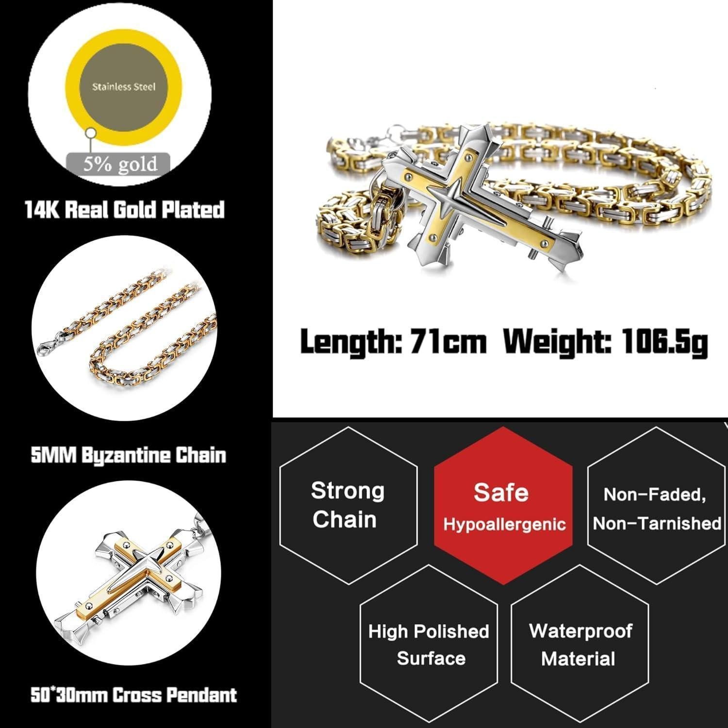 LuxusKollektion Kreuzkette Kette Herren Kreuz Edelstahl Anhänger 56 61 71cm Gold 71.0 Zentimeter