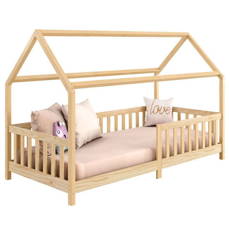 IDIMEX Kinderbett NINA, Hausbett Montessori Bett Kiefer 90 x 200 Tipibett mit Dach und rausfal