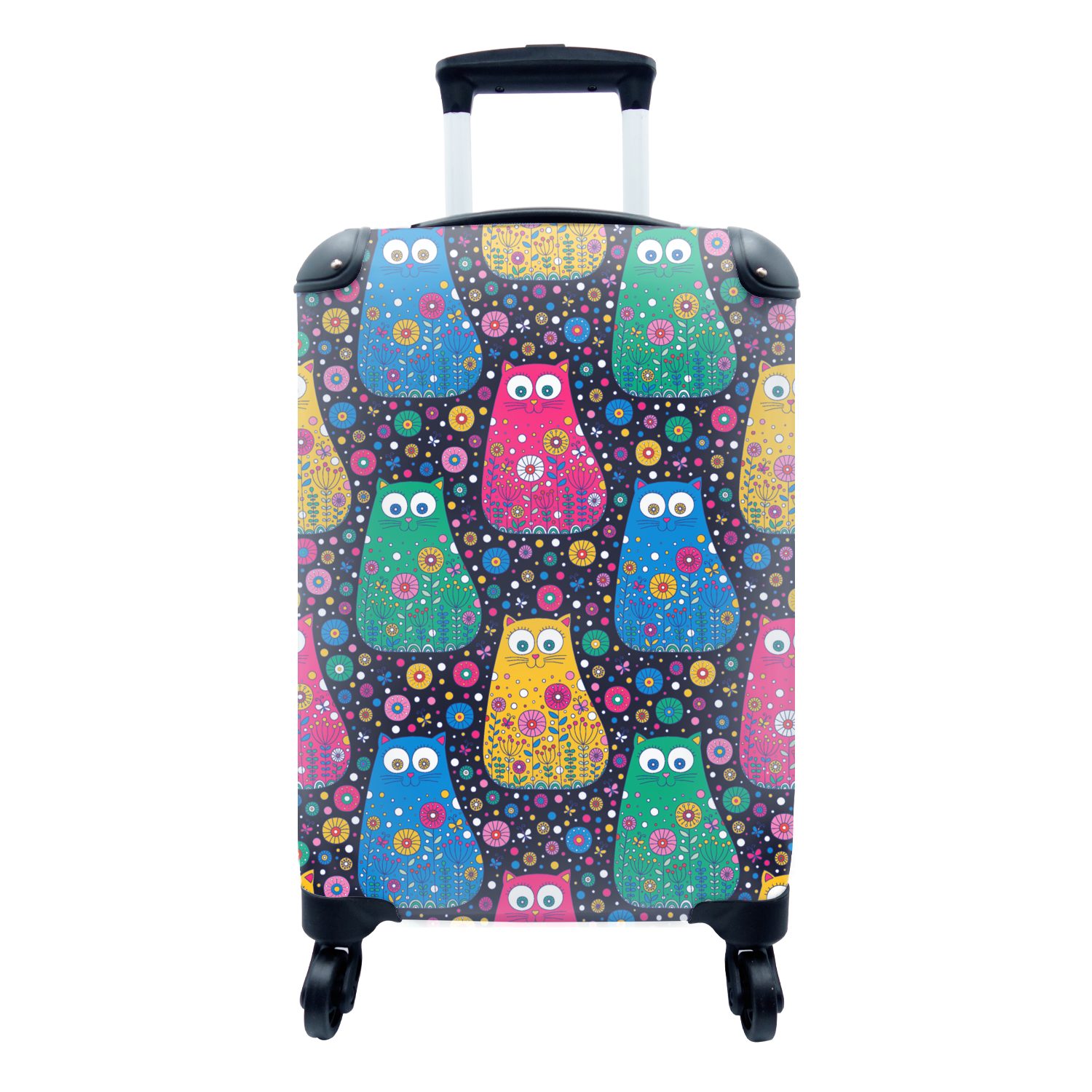 MuchoWow Handgepäckkoffer Katze - Regenbogen - Blumen, 4 Rollen, Reisetasche mit rollen, Handgepäck für Ferien, Trolley, Reisekoffer