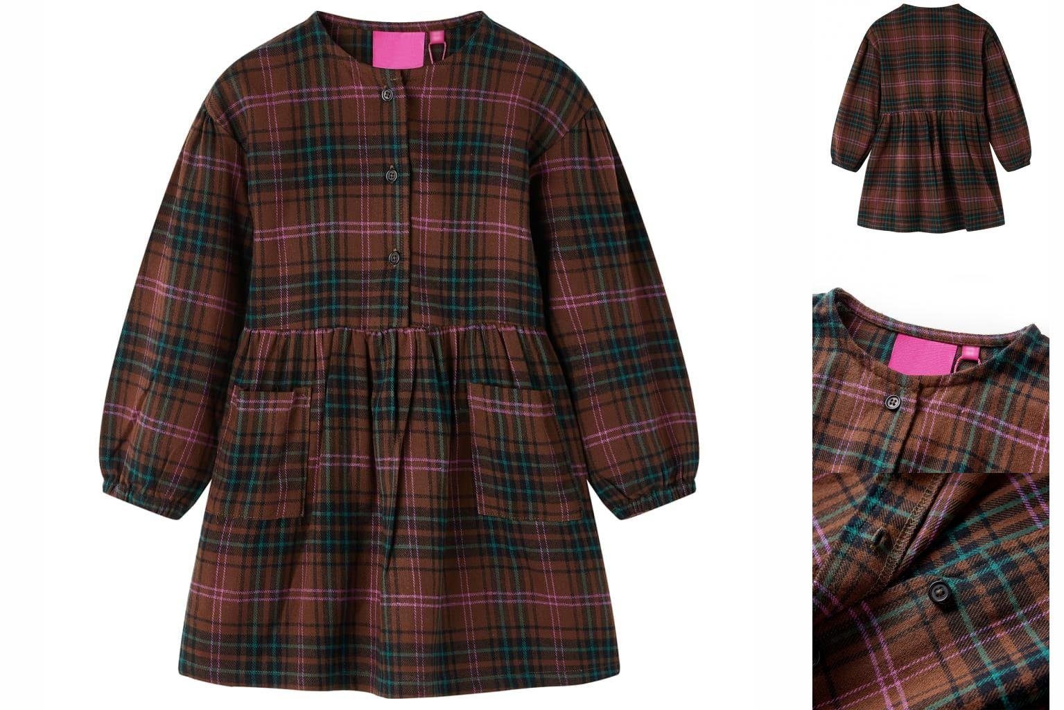 Kinderkleid Ärmeln mit Langen Karomuster vidaXL 104 Cognac A-Linien-Kleid