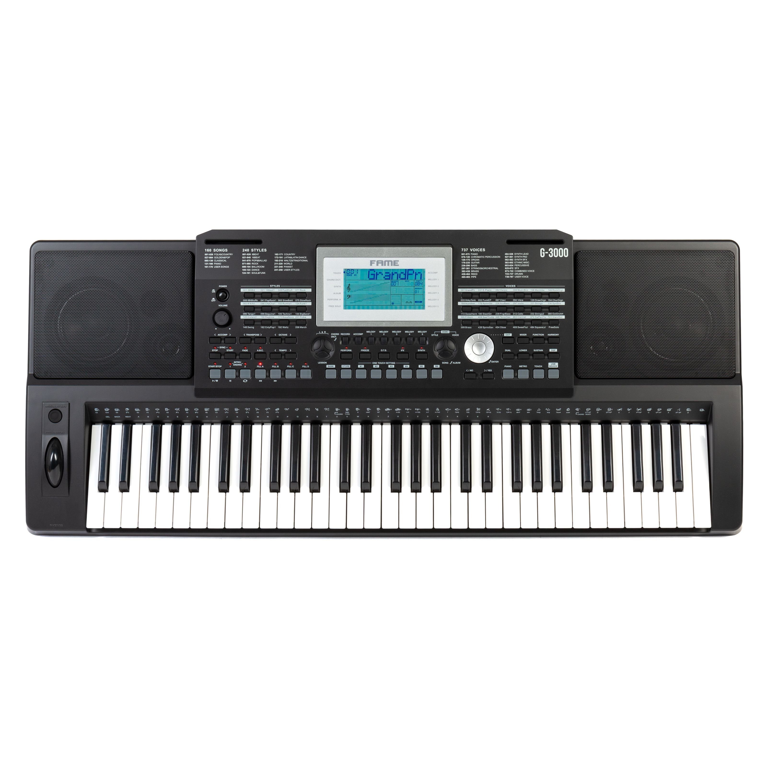 FAME Entertainer-Keyboard (G-3000 Homekeyboard mit 61 Tasten, 128 Stimmen, 737 Sounds, 240 Styles, 160 Songs, Linearsequencer, MIDI-Dateiwiedergabe, Reverb & Chorus Effekte, 2x 40W Lautsprecher, MIDI I/O, Sustainpedal-Anschluss, Audio Ein- und Ausgänge), G-3000 Homekeyboard, 61 Tasten, 128 Stimmen