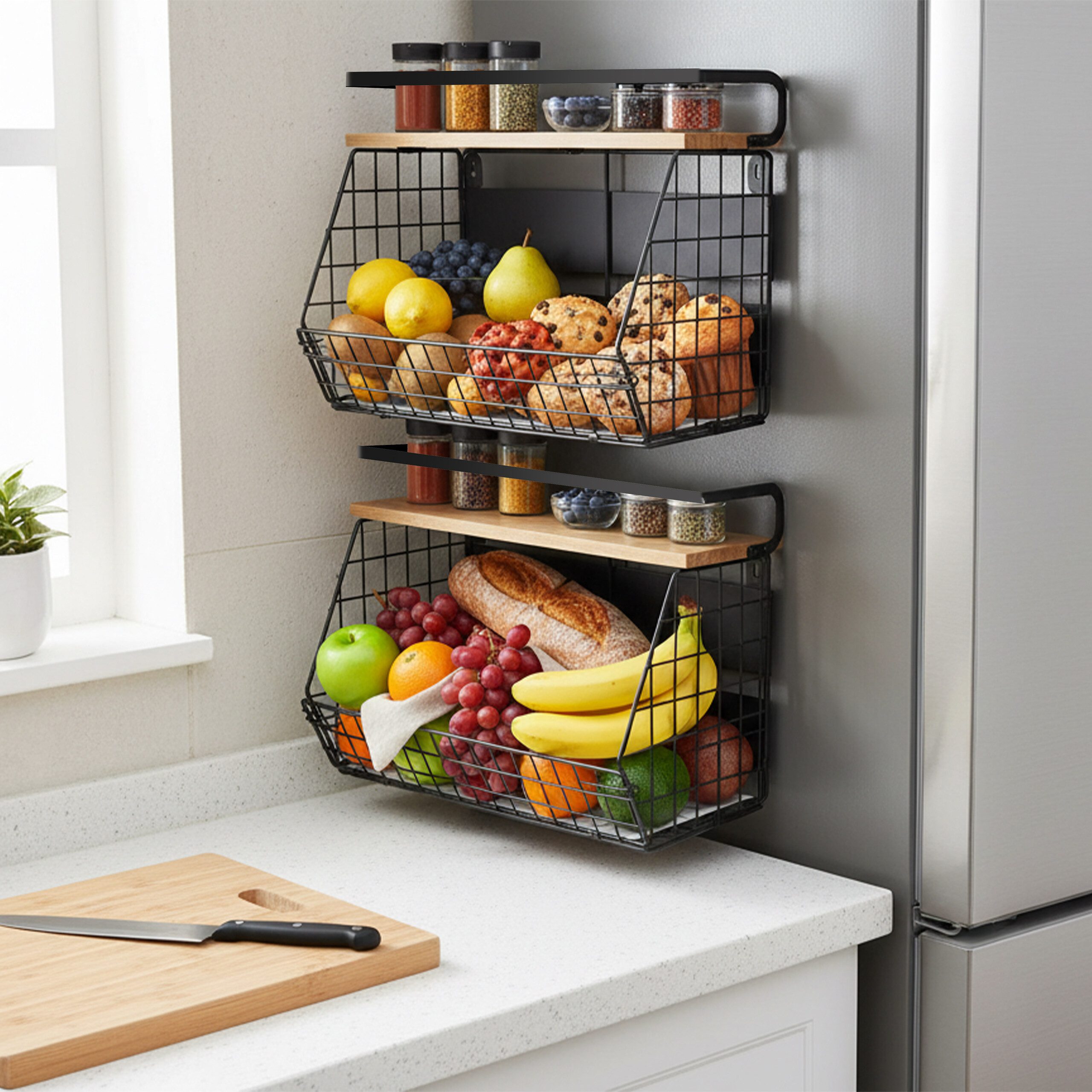 relaxdays Obstschale Obstkorb Wandregal magnetisch 2er Set, Eisen, (2-tlg), B – Bild 2 von 5
