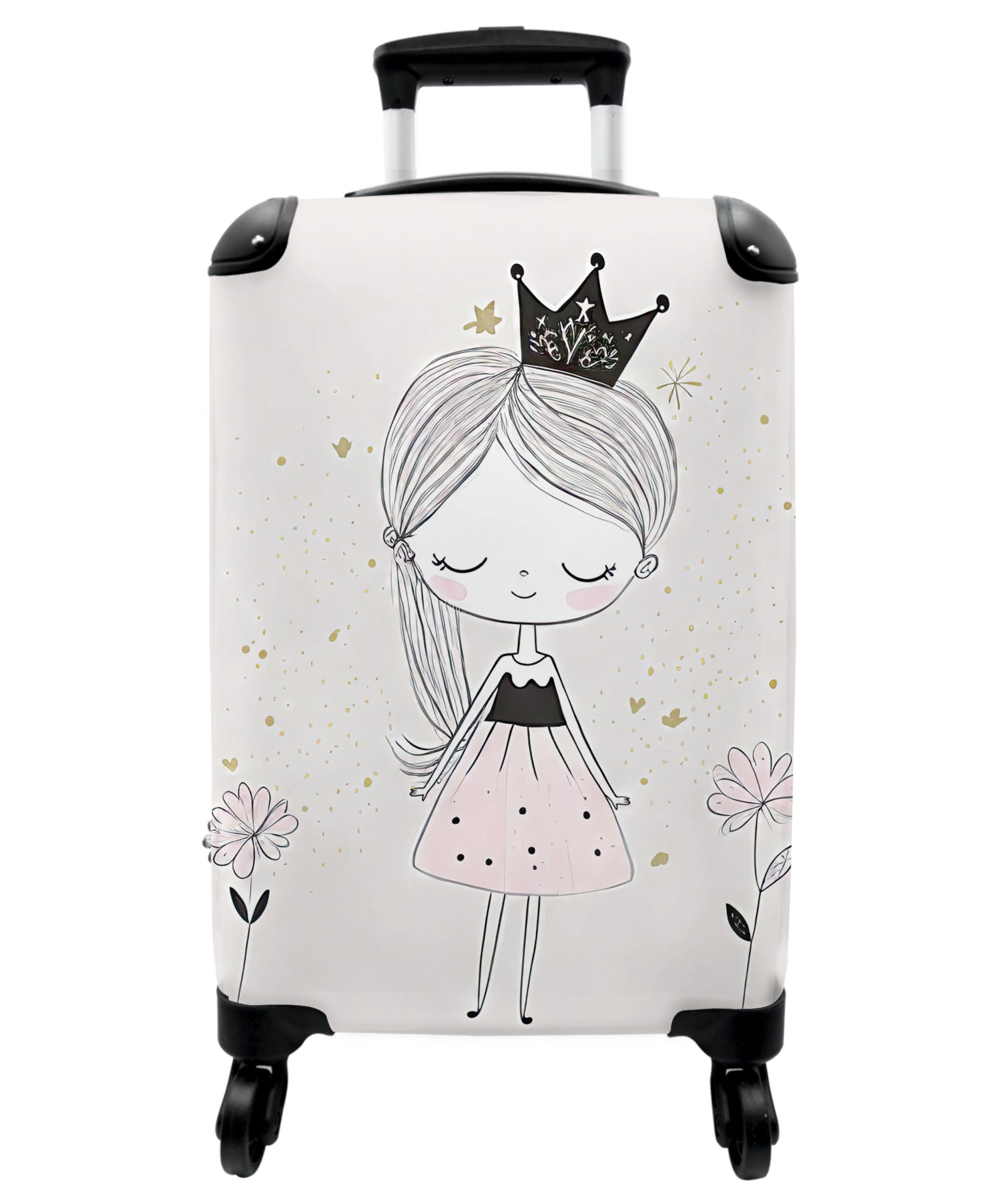 NoBoringSuitcases.com© Kinderkoffer 55x35x20cm Prinzessin - Kleid - Krone - Blumen - Mädchen, 4 Rollen, Koffer mit 4 rollen, Kindertrolley, Reisekoffer für Mädchen