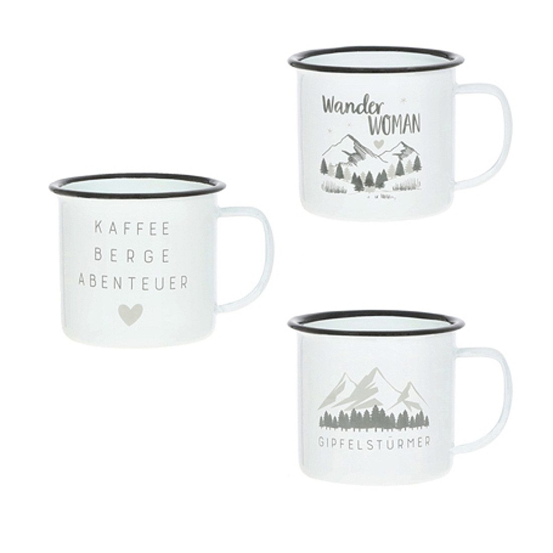 Macosa Home Becher 3er Set Metallbecher Berge Wandern 350 ml Weiß Grau, 3-tlg., Metall, Outdoor Camping Tassen Trinktasse Metalltasse